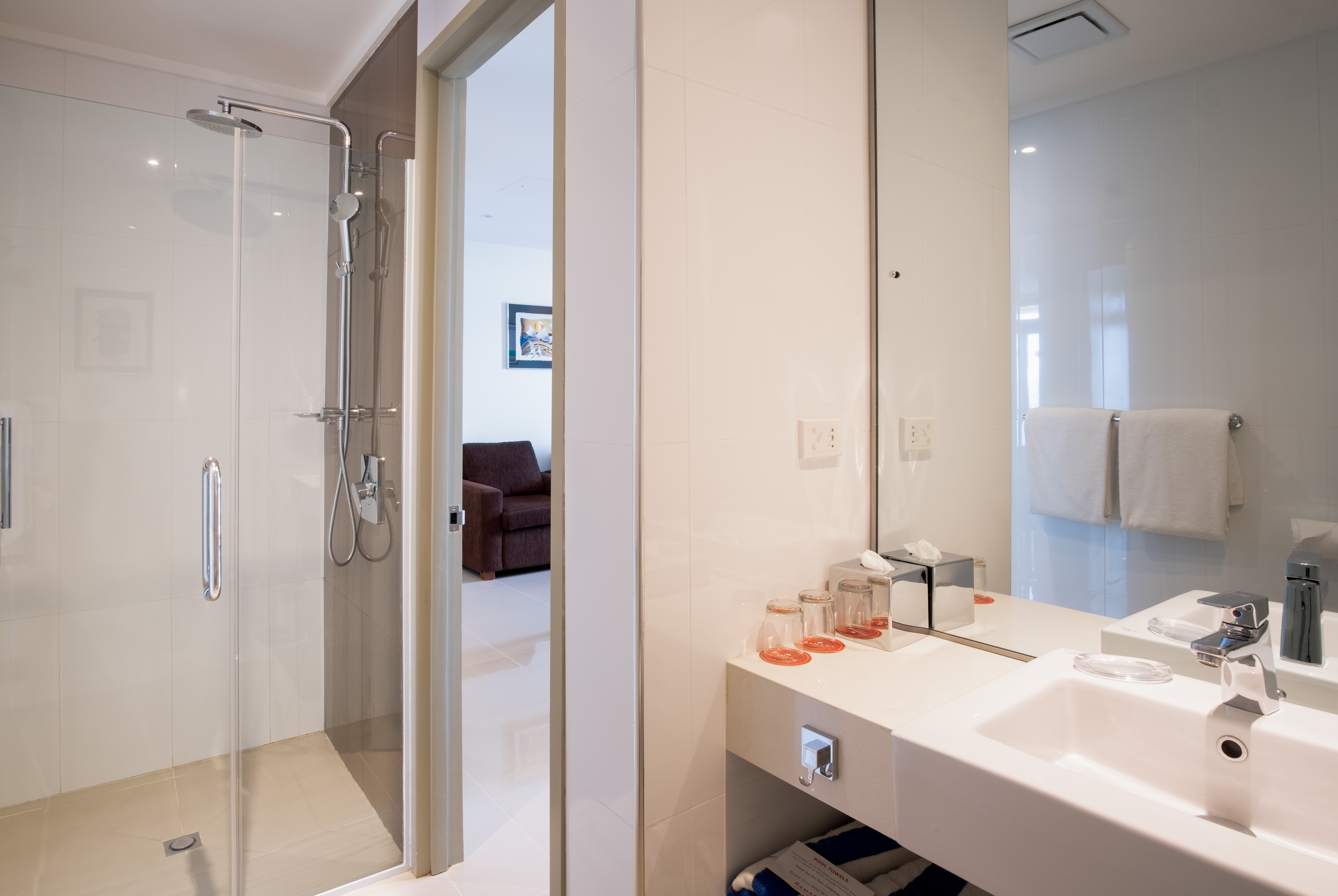 Guest room bath at the Ramada Suites by Wyndham Wailoaloa Beach Fiji in Nadi, Other than US/Canada