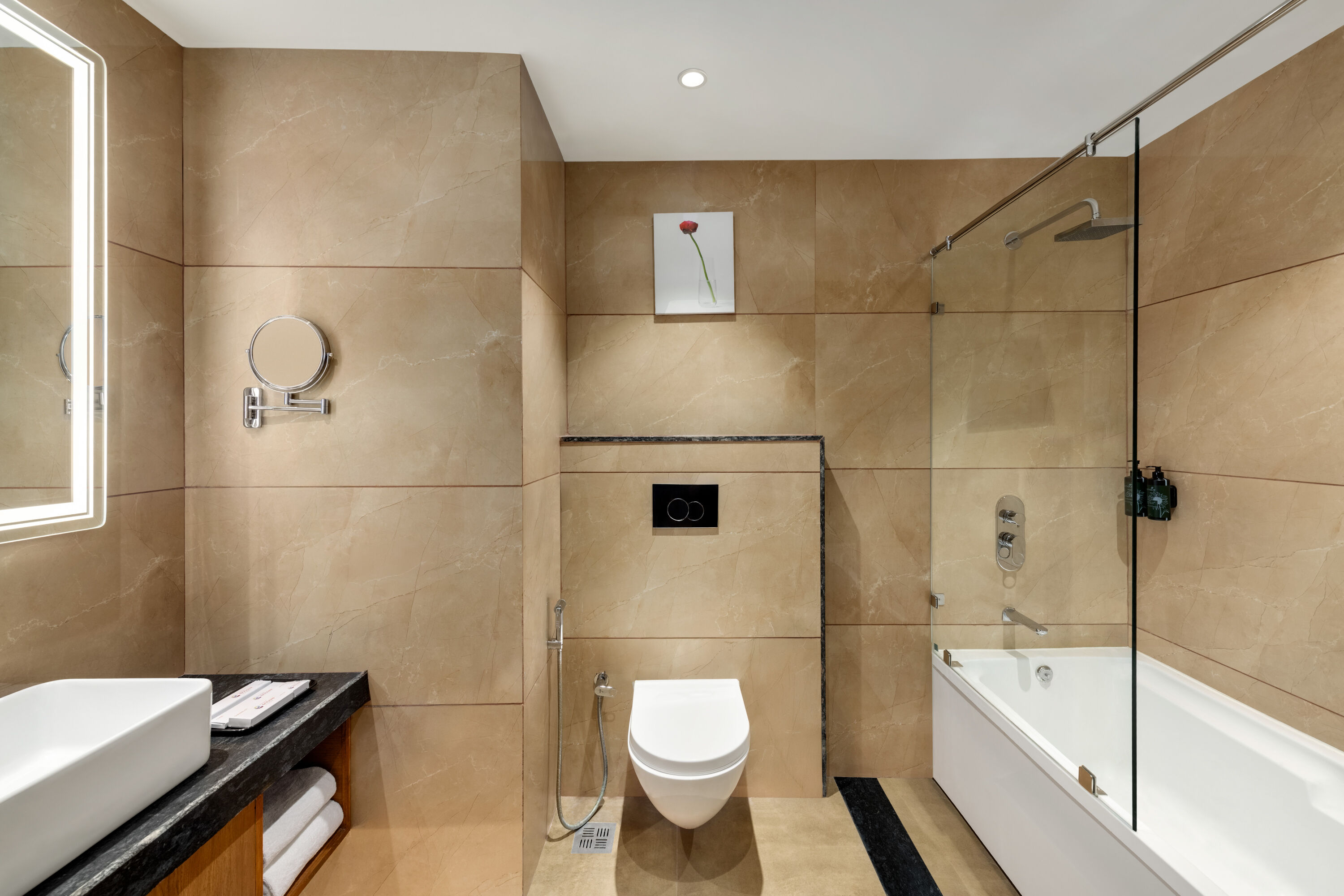Guest room bath at the Ramada Encore by Wyndham Viramgam in Ahmedabad, Other than US/Canada