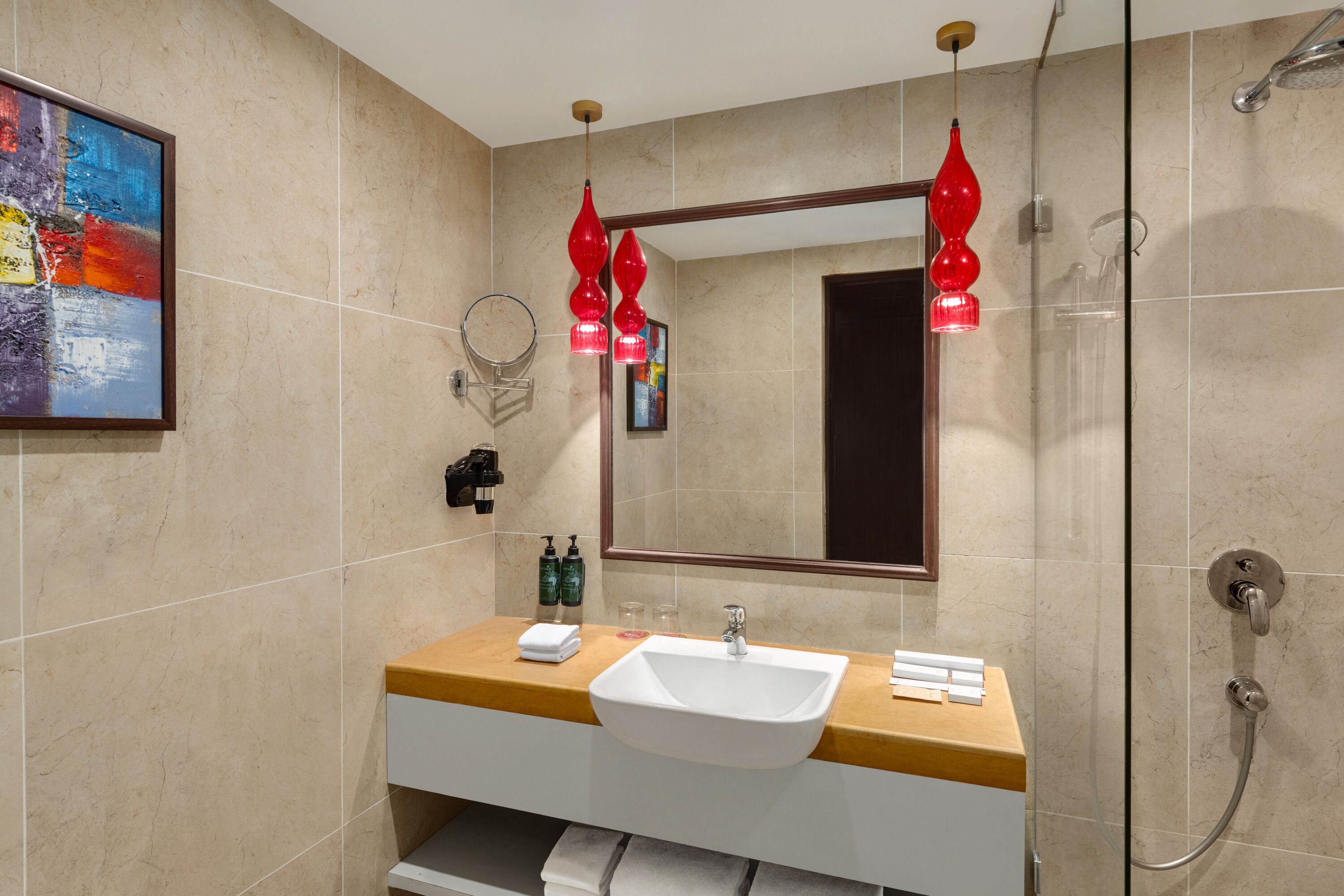 Guest room bath at the Ramada by Wyndham Jaisalmer Barmer Road in Jaisalmer, Other than US/Canada