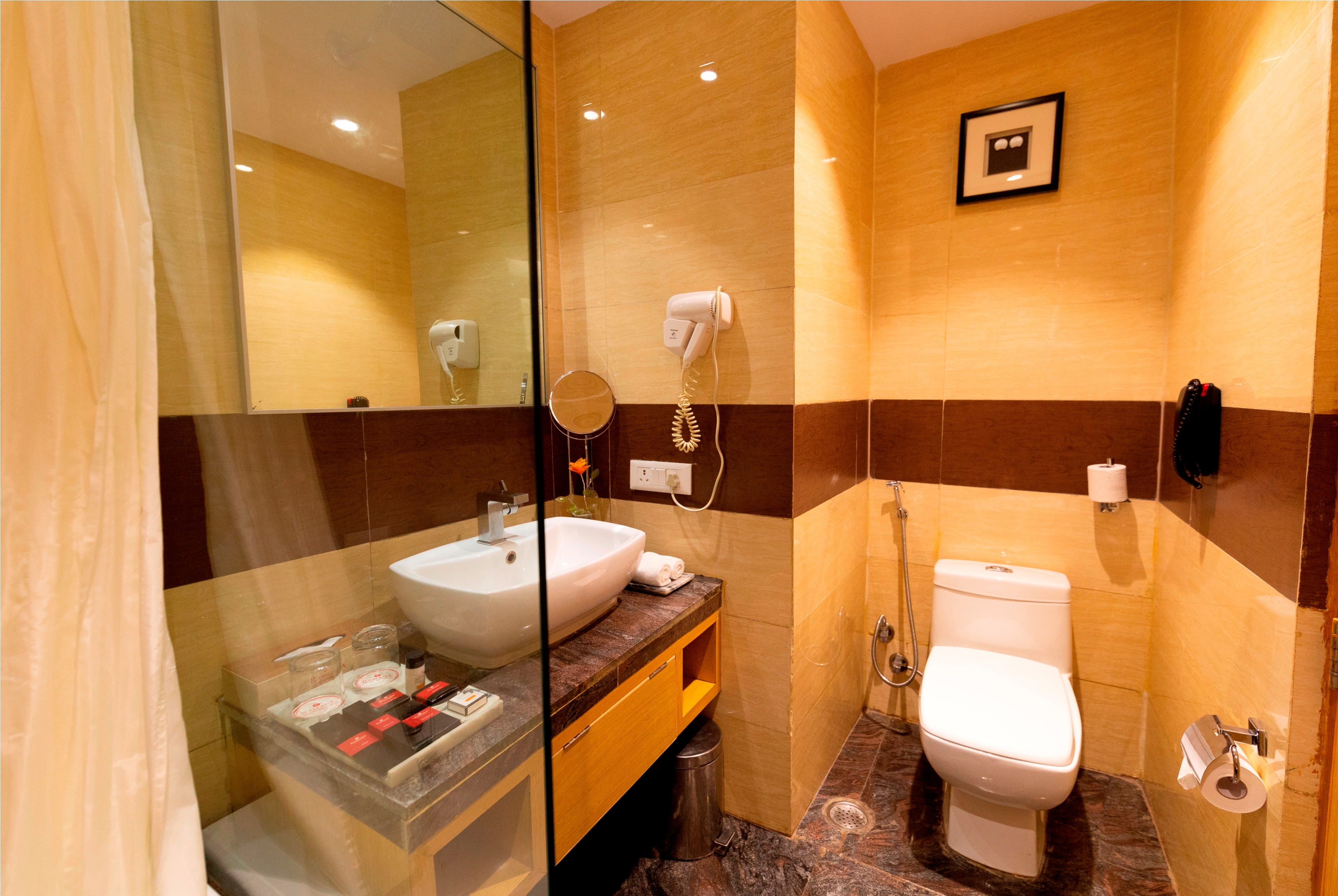 Guest room bath at the Ramada by Wyndham Neemrana in Shahjahanpur, Other than US/Canada