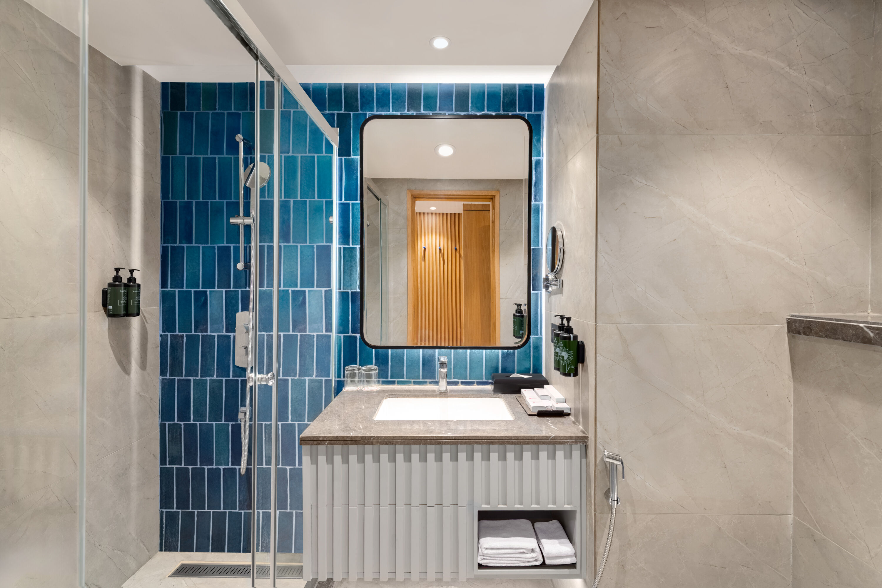 Guest room bath at the Ramada Encore by Wyndham Rajbagh Srinagar in Srinagar, Other than US/Canada