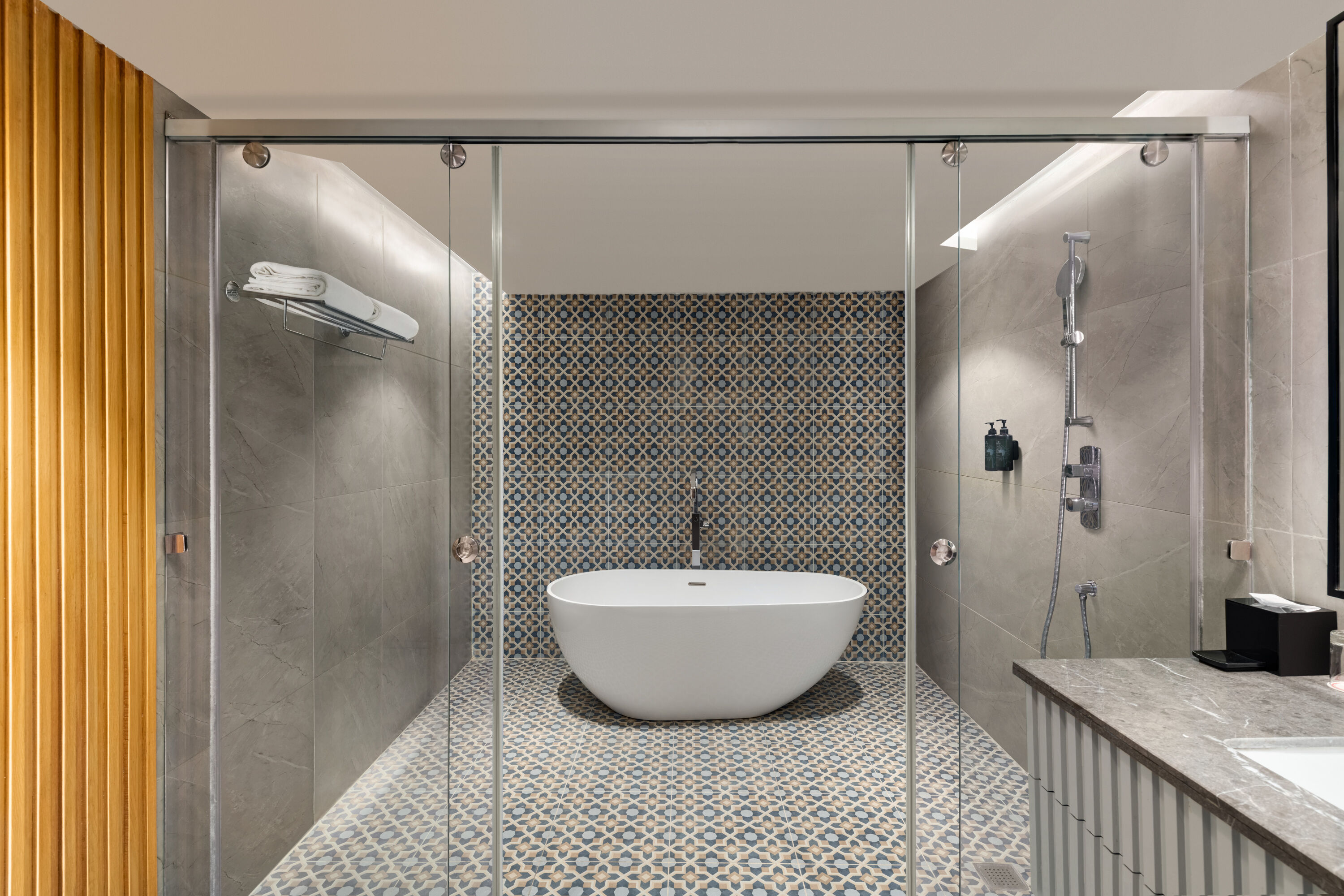 Guest room bath at the Ramada Encore by Wyndham Rajbagh Srinagar in Srinagar, Other than US/Canada