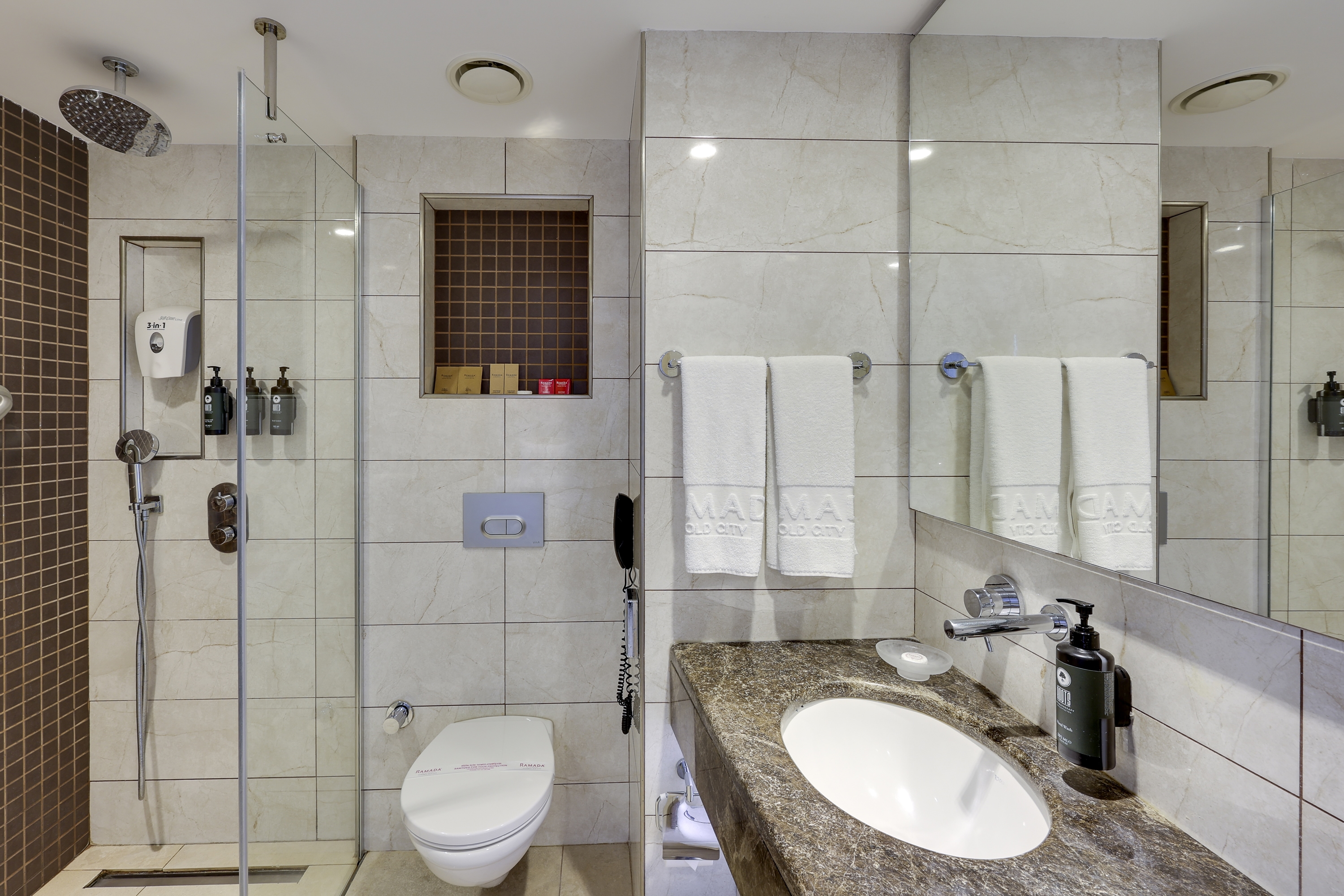 Guest room bath at the Ramada by Wyndham Istanbul Old City in Istanbul, Other than US/Canada