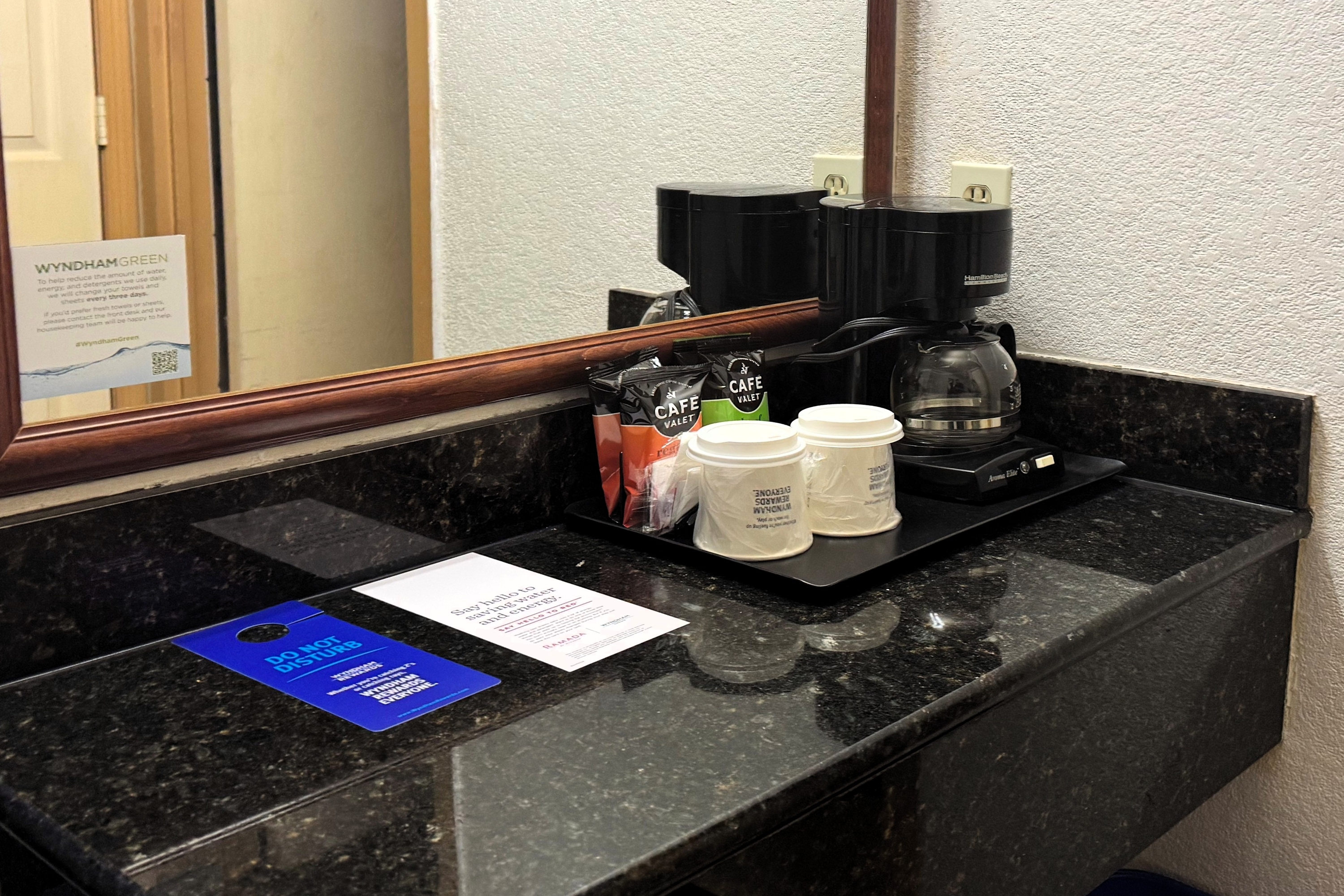 Guest room bath at the Ramada by Wyndham Birmingham Airport in Birmingham, Alabama