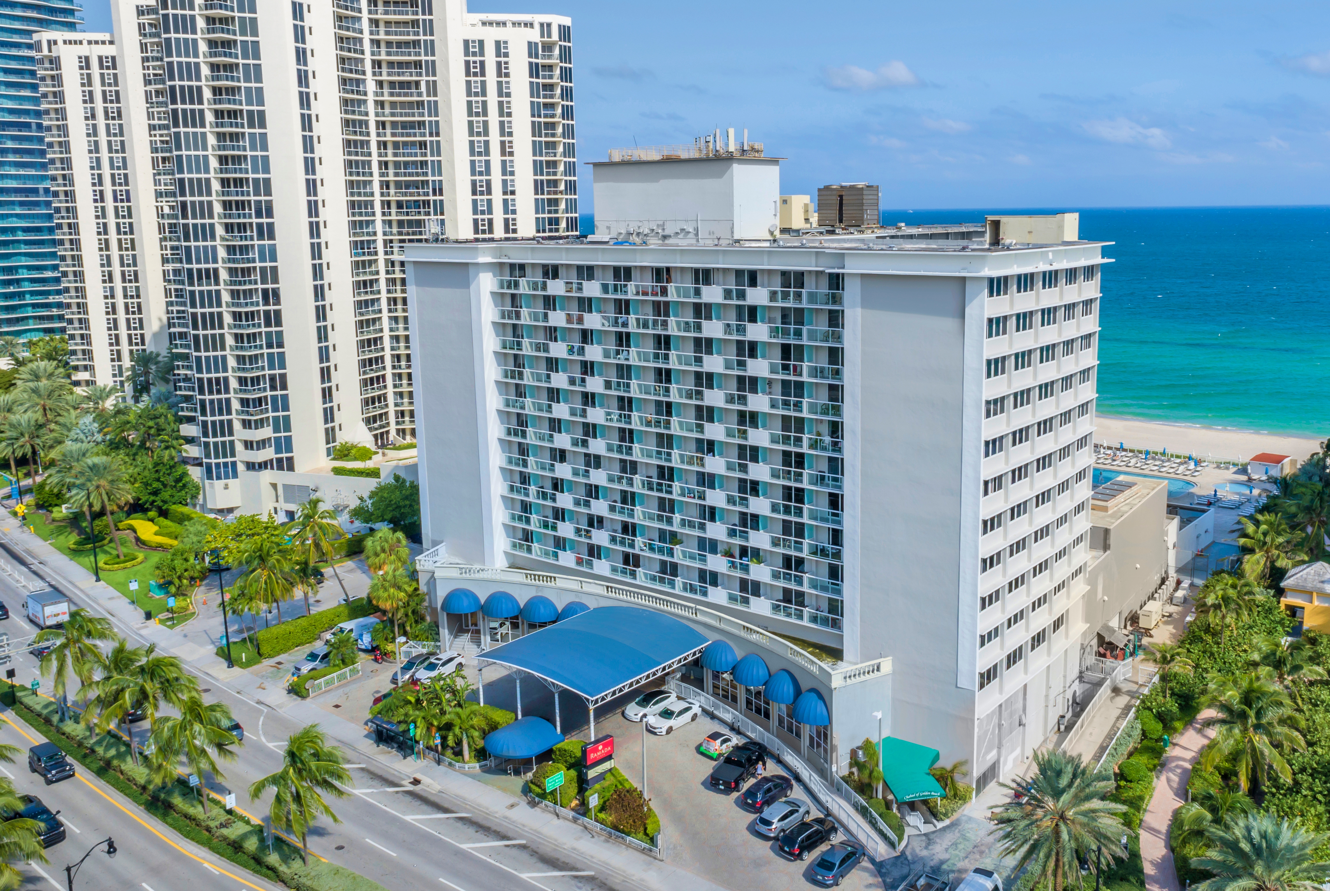 Exterior of Ramada Plaza by Wyndham Marco Polo Beach Resort hotel in Sunny Isles Beach, Florida