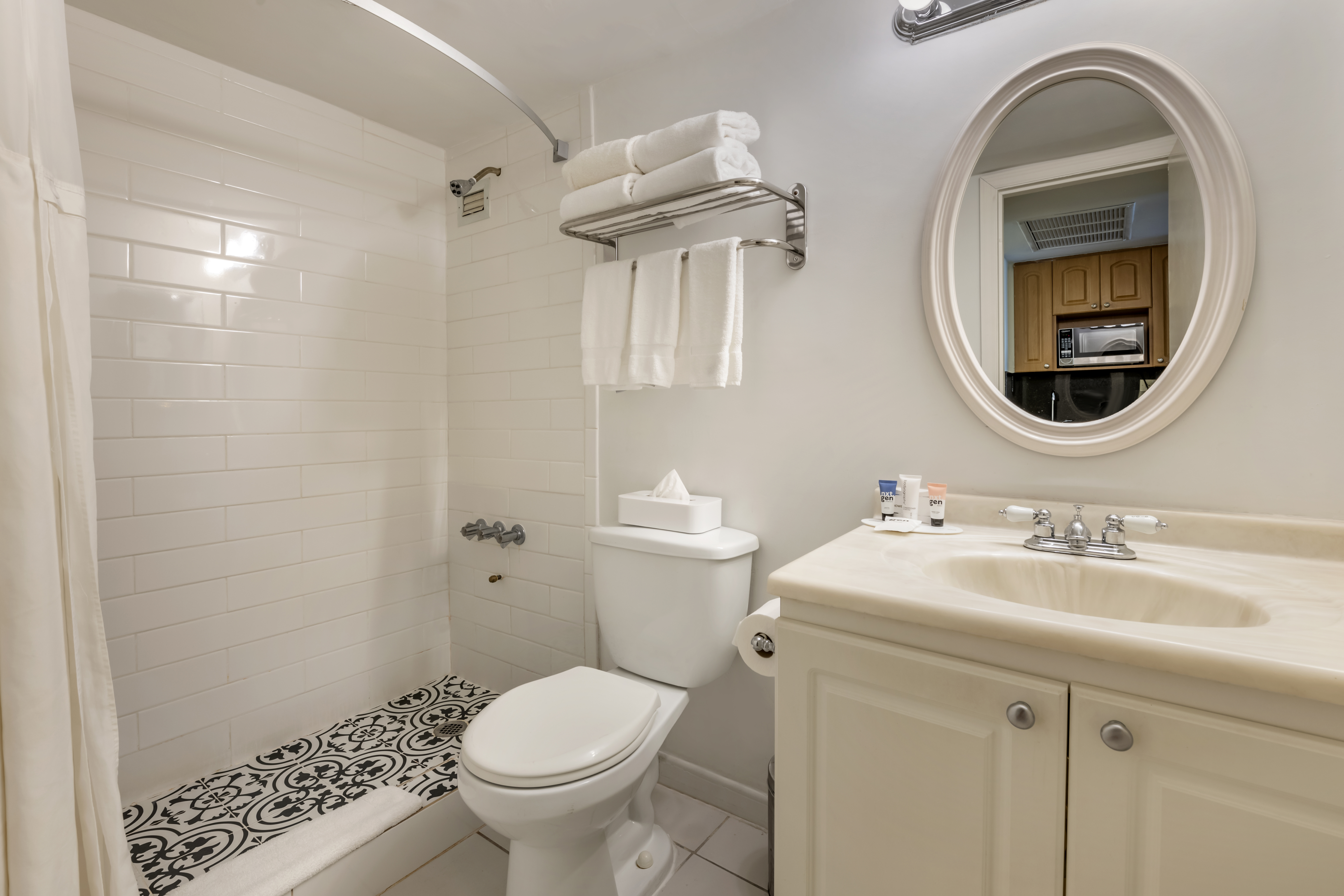 Guest room bath at the Ramada Plaza by Wyndham Marco Polo Beach Resort in Sunny Isles Beach, Florida