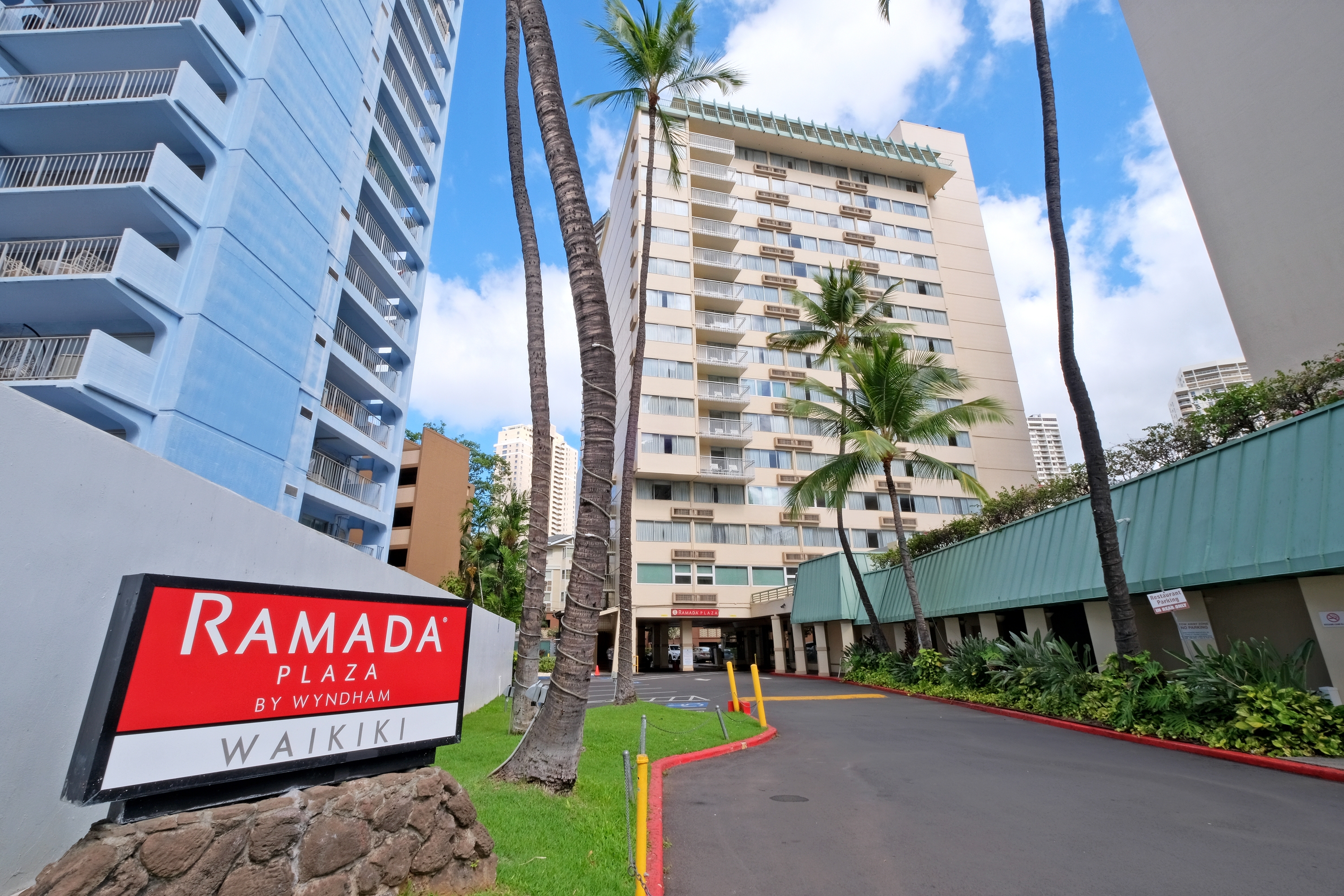 Exterior of Ramada Plaza by Wyndham Waikiki hotel in Honolulu, Hawaii