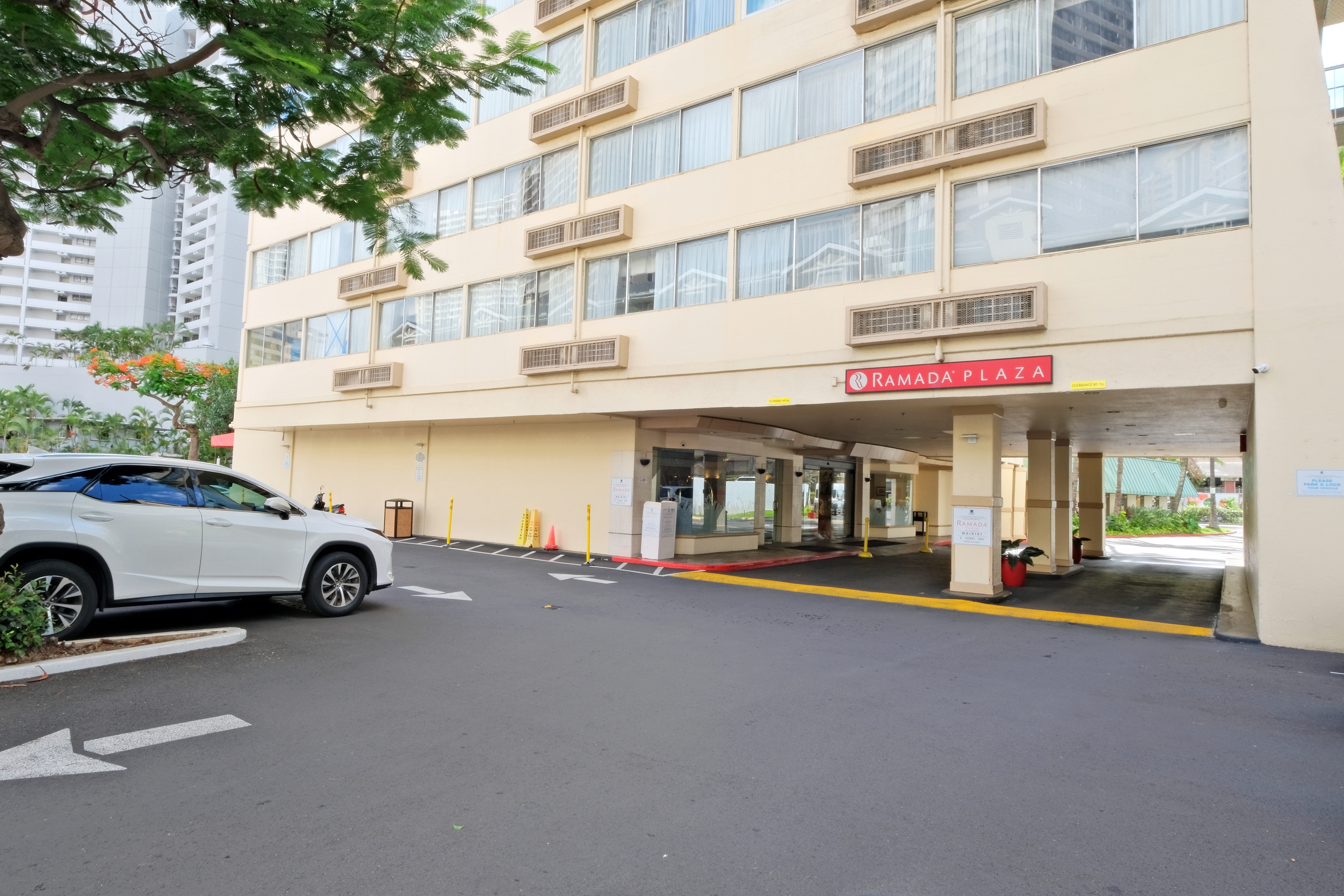 Exterior of Ramada Plaza by Wyndham Waikiki hotel in Honolulu, Hawaii