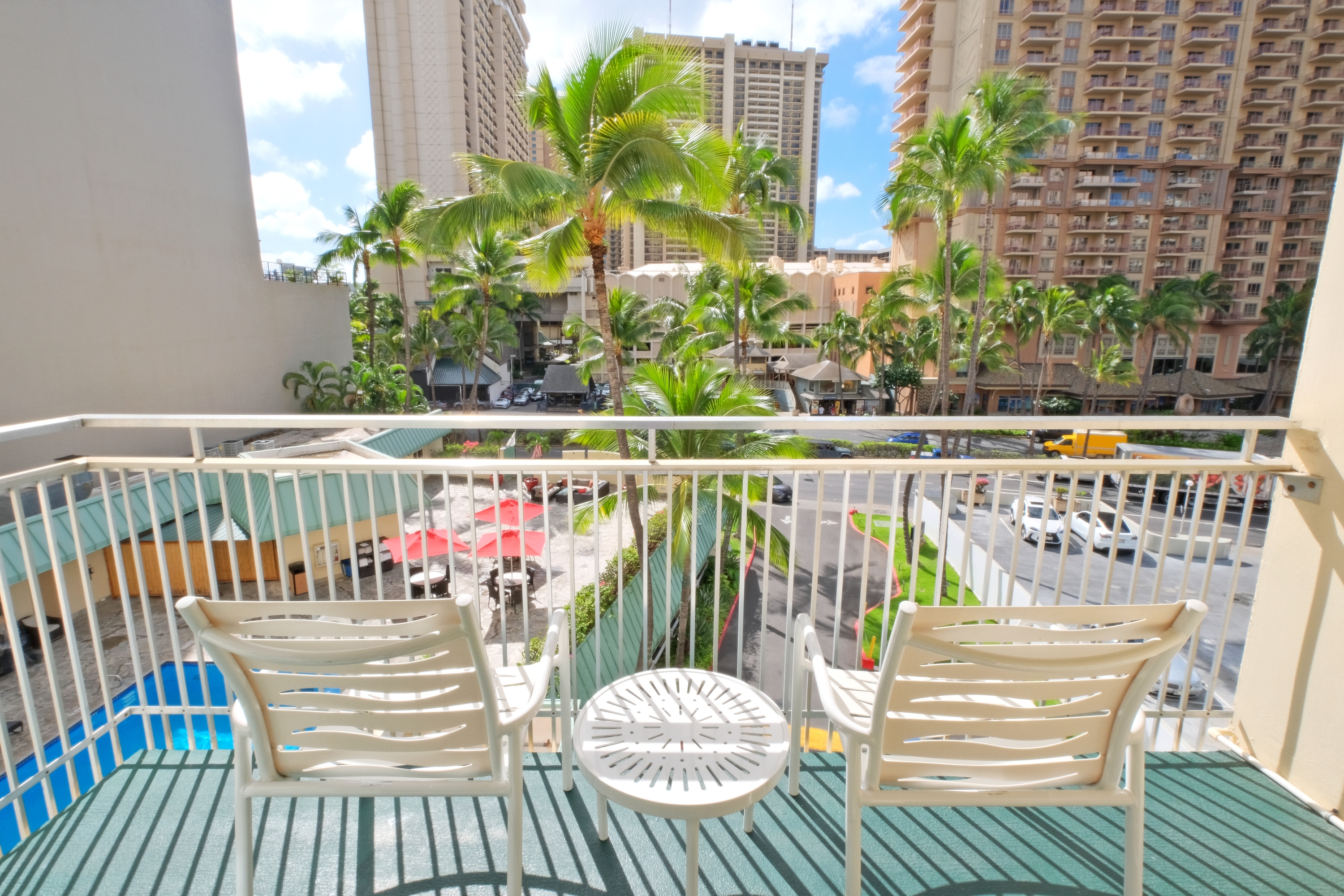 Guest room patio at the Ramada Plaza by Wyndham Waikiki in Honolulu, Hawaii