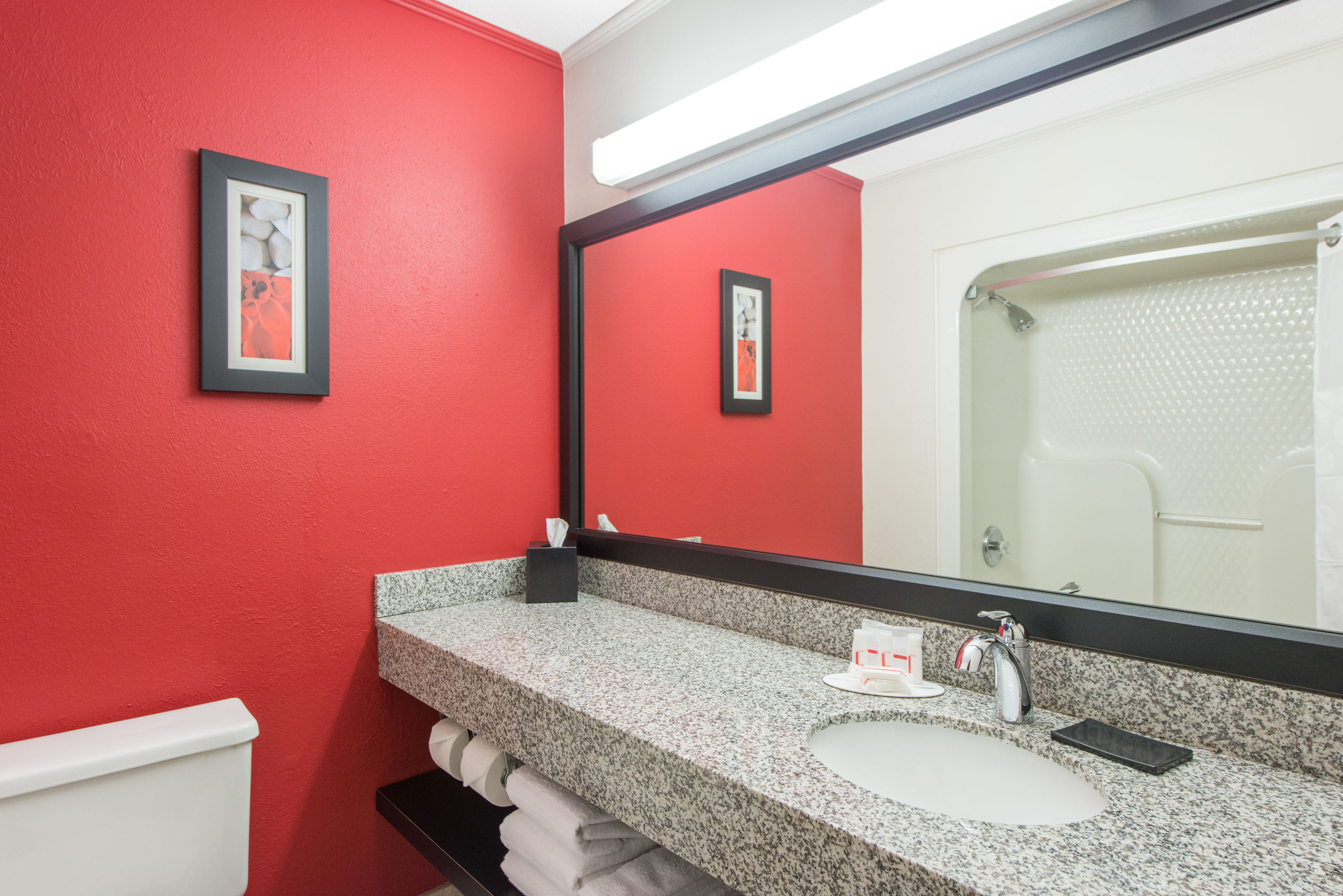 Guest room bath at the Ramada by Wyndham Springfield North in Springfield, Illinois