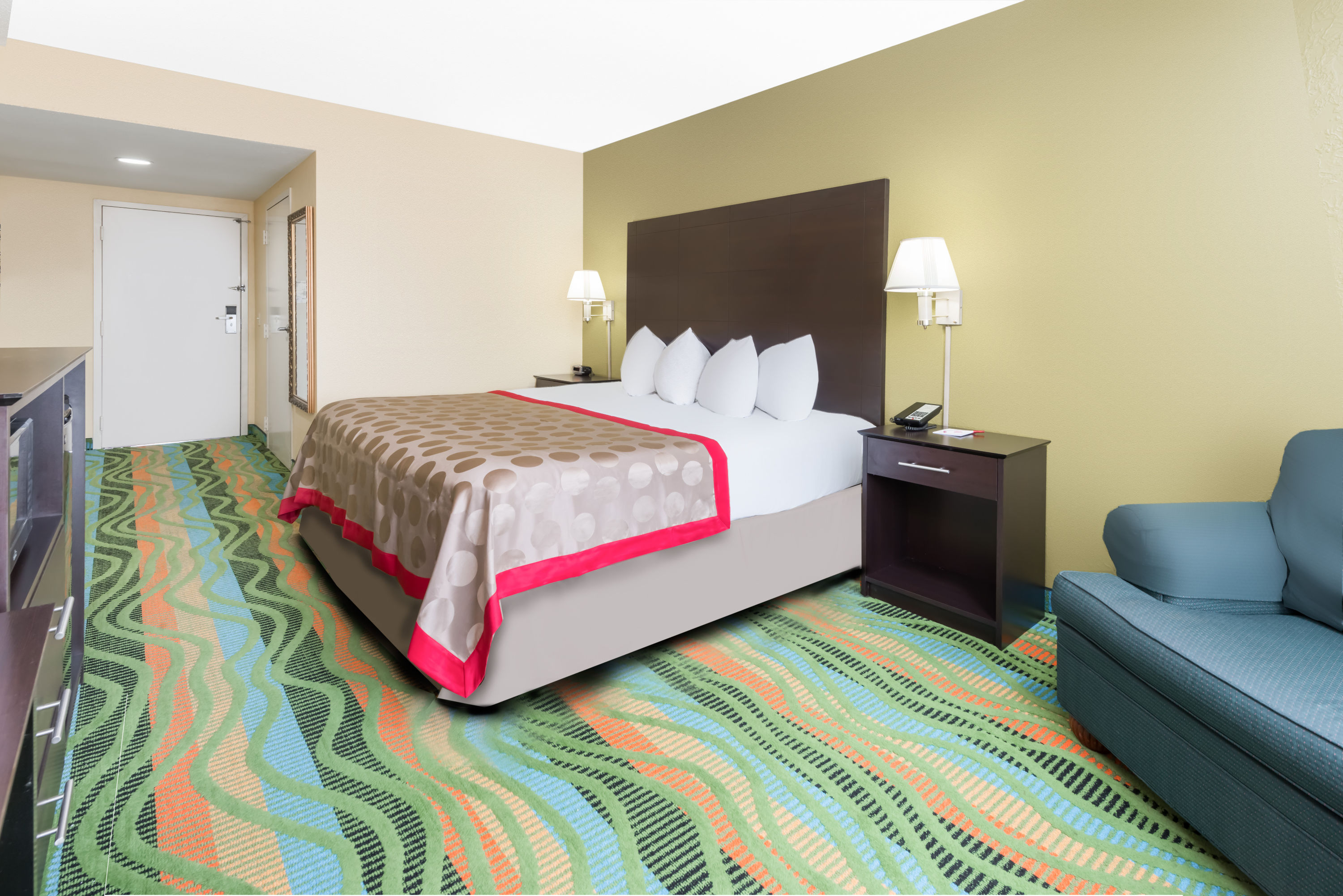 Guest room at the Ramada by Wyndham Vandalia in Vandalia, Illinois