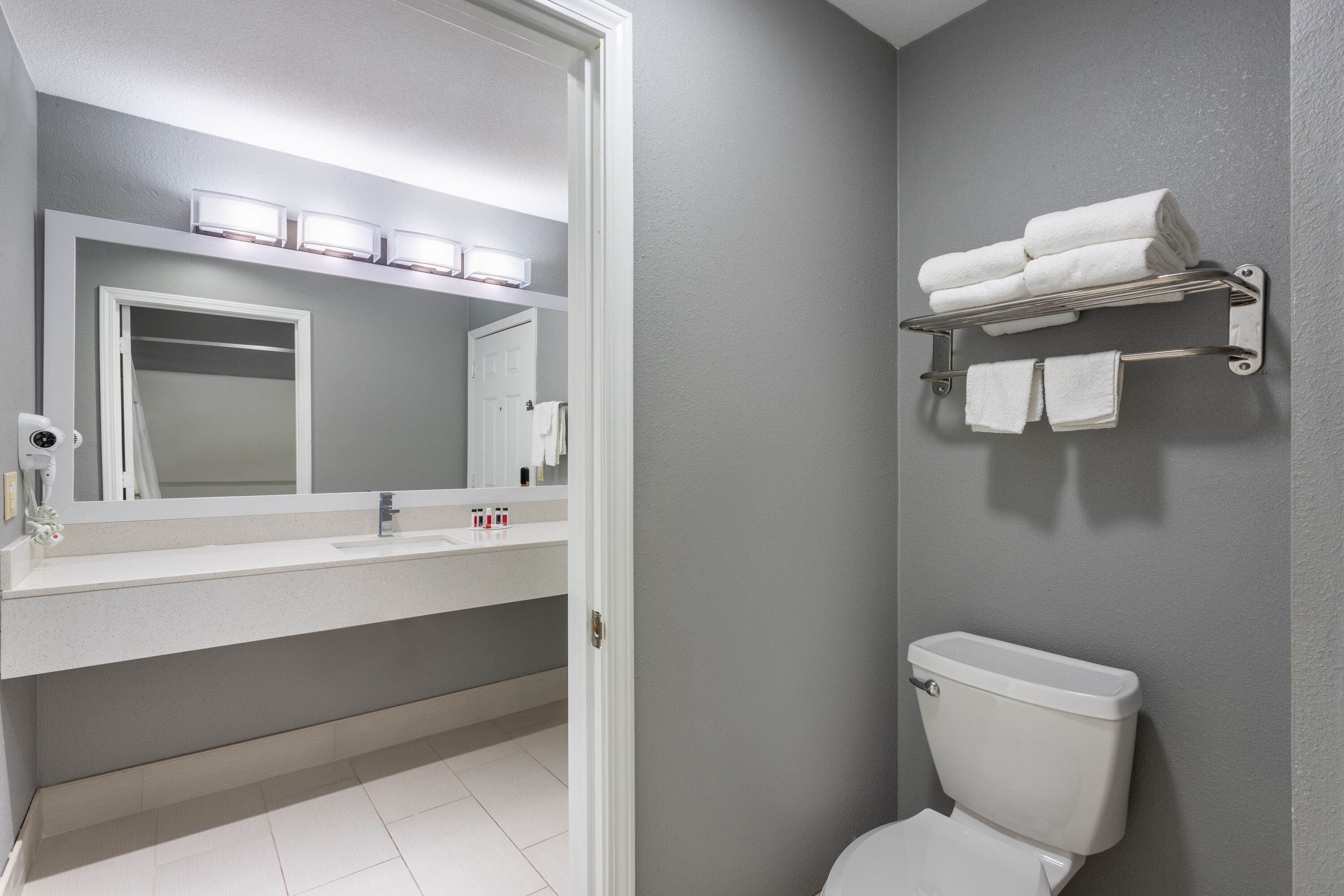 Guest room bath at the Ramada by Wyndham Sellersburg/Louisville North in Sellersburg, Indiana