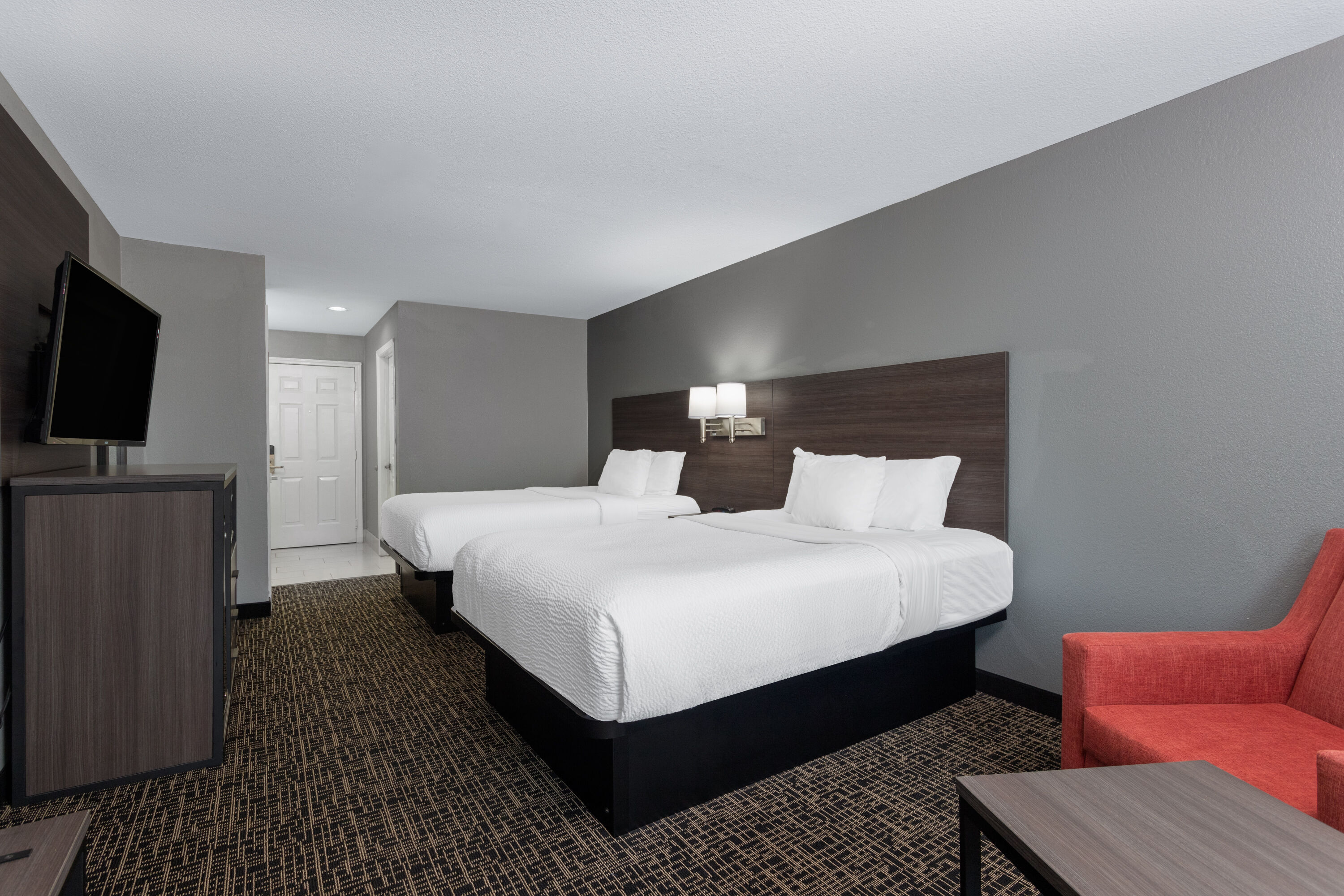 Guest room at the Ramada by Wyndham Sellersburg/Louisville North in Sellersburg, Indiana
