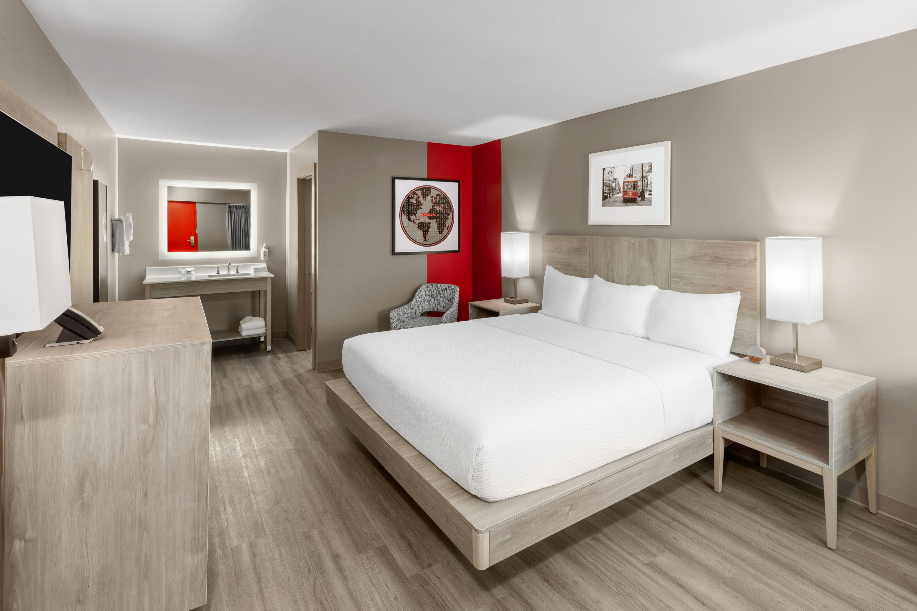 Guest room at the Ramada by Wyndham Kenner/New Orleans Airport South in Kenner, Louisiana