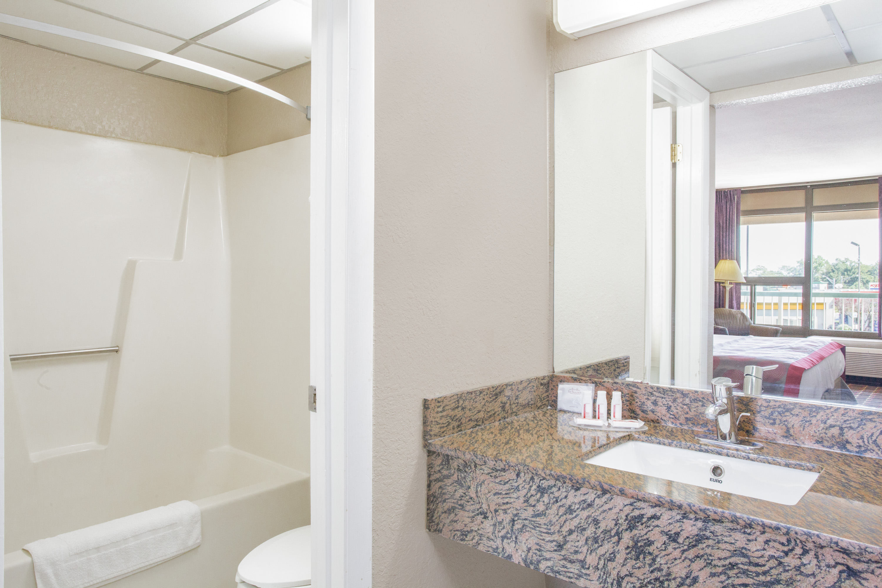 Guest room bath at the Ramada by Wyndham Edgewood Hotel & Conference Center in Edgewood, Maryland