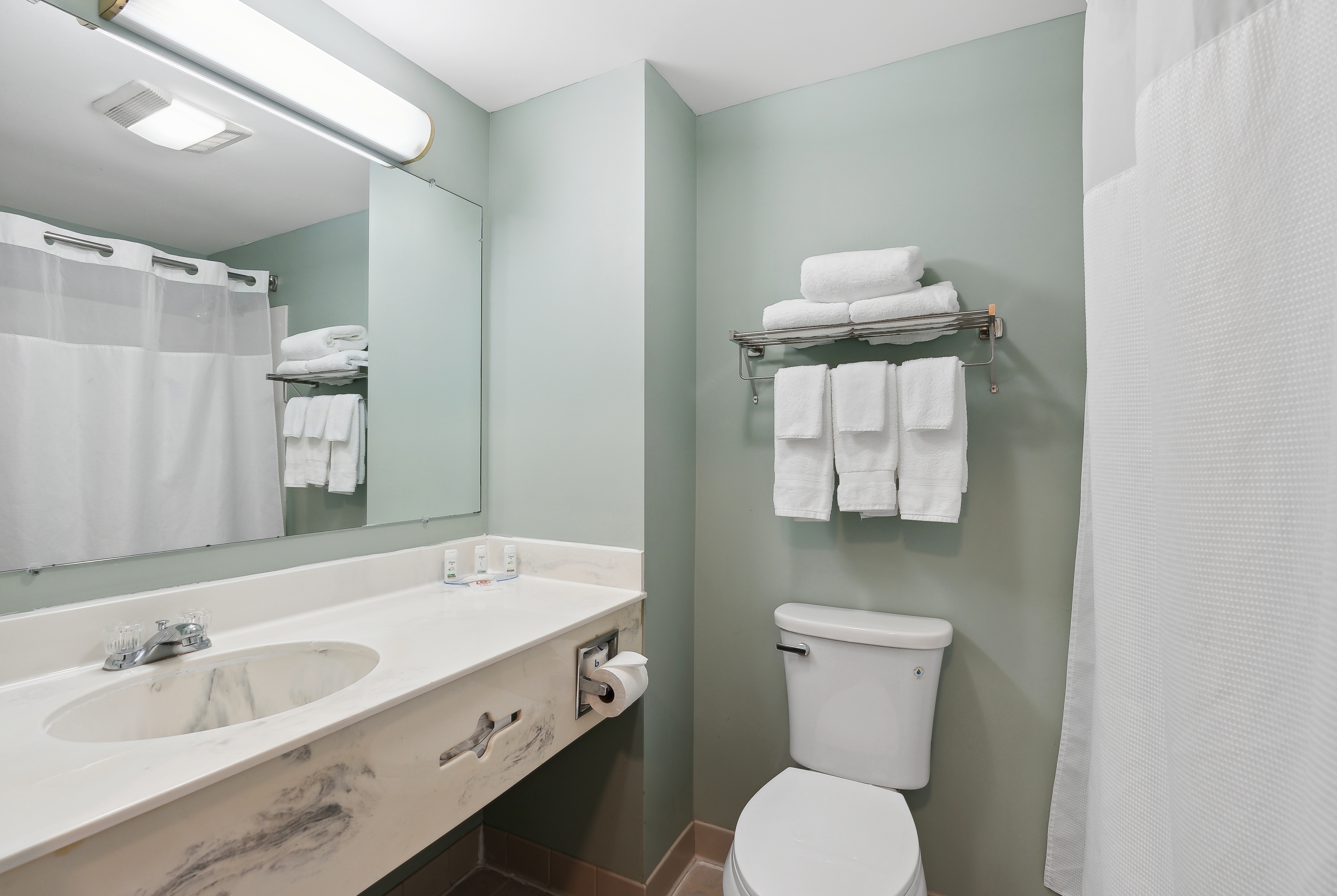 Guest room bath at the Ramada by Wyndham Saco/Old Orchard Beach Area in Saco, Maine