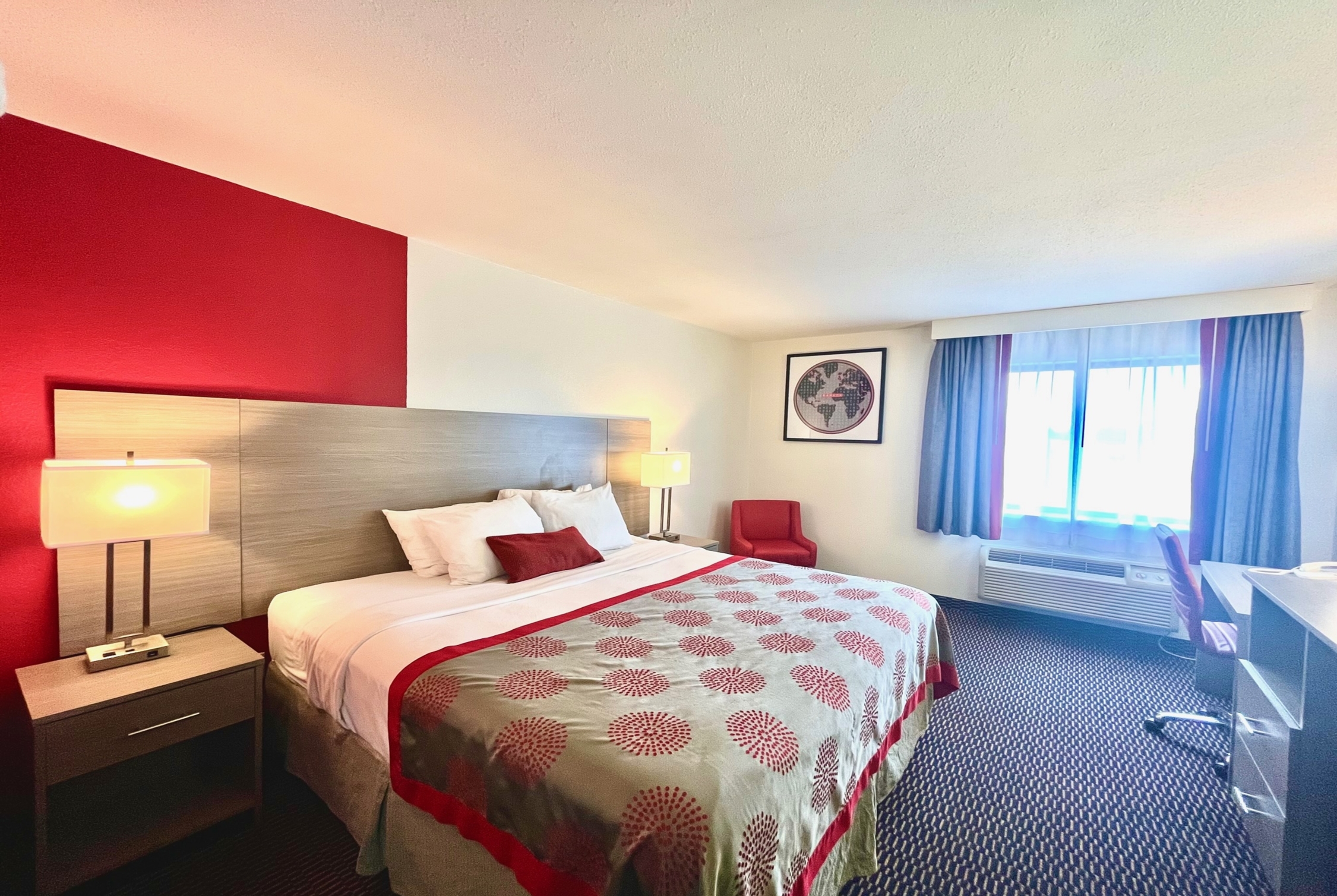 Guest room at the Ramada by Wyndham Columbia in Columbia, Missouri