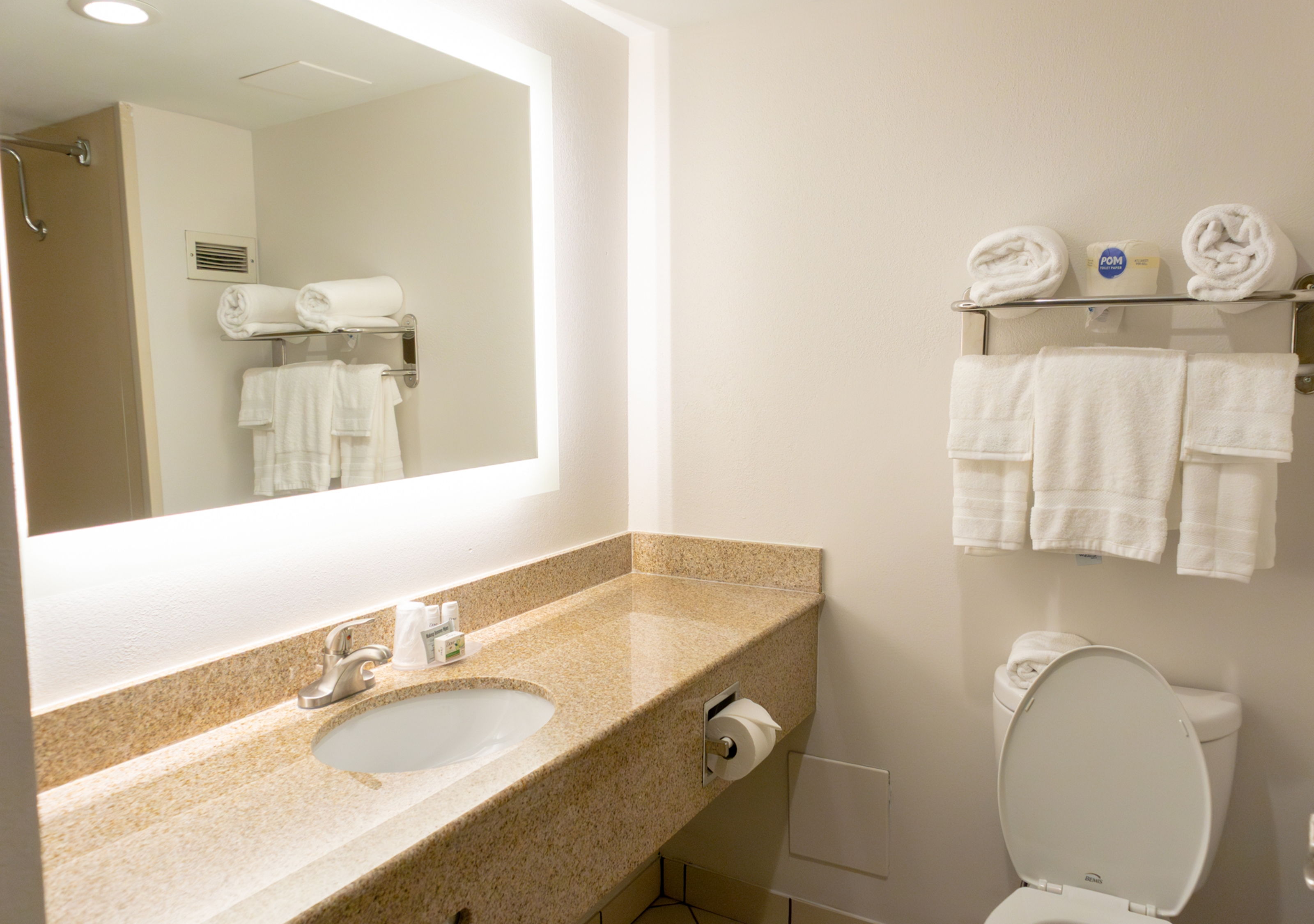 Guest room bath at the Elimwood Hotel, a Ramada by Wyndham in Maryland Heights, Missouri