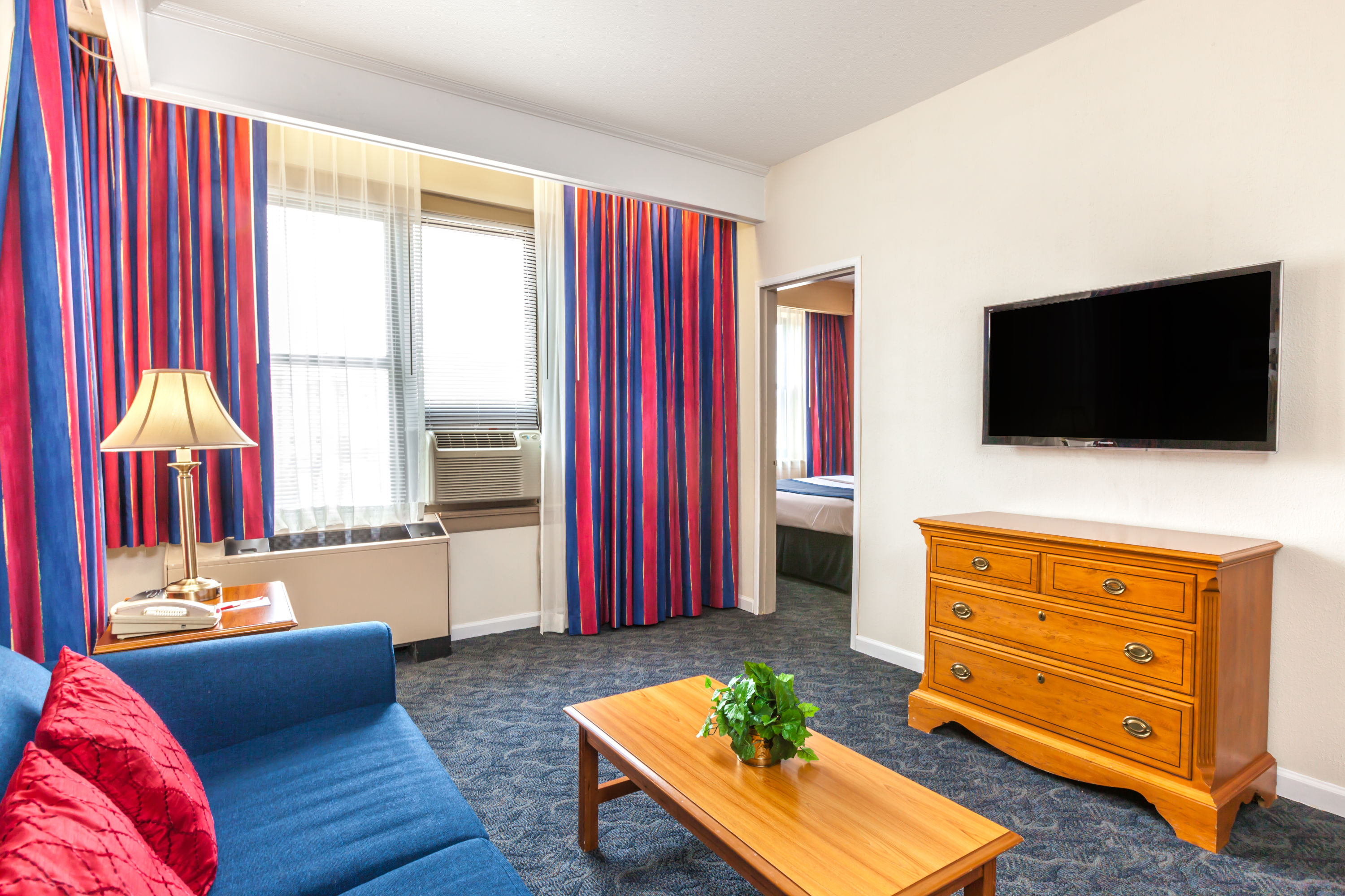 Guest room at the Ramada by Wyndham Jersey City in Jersey City, New Jersey
