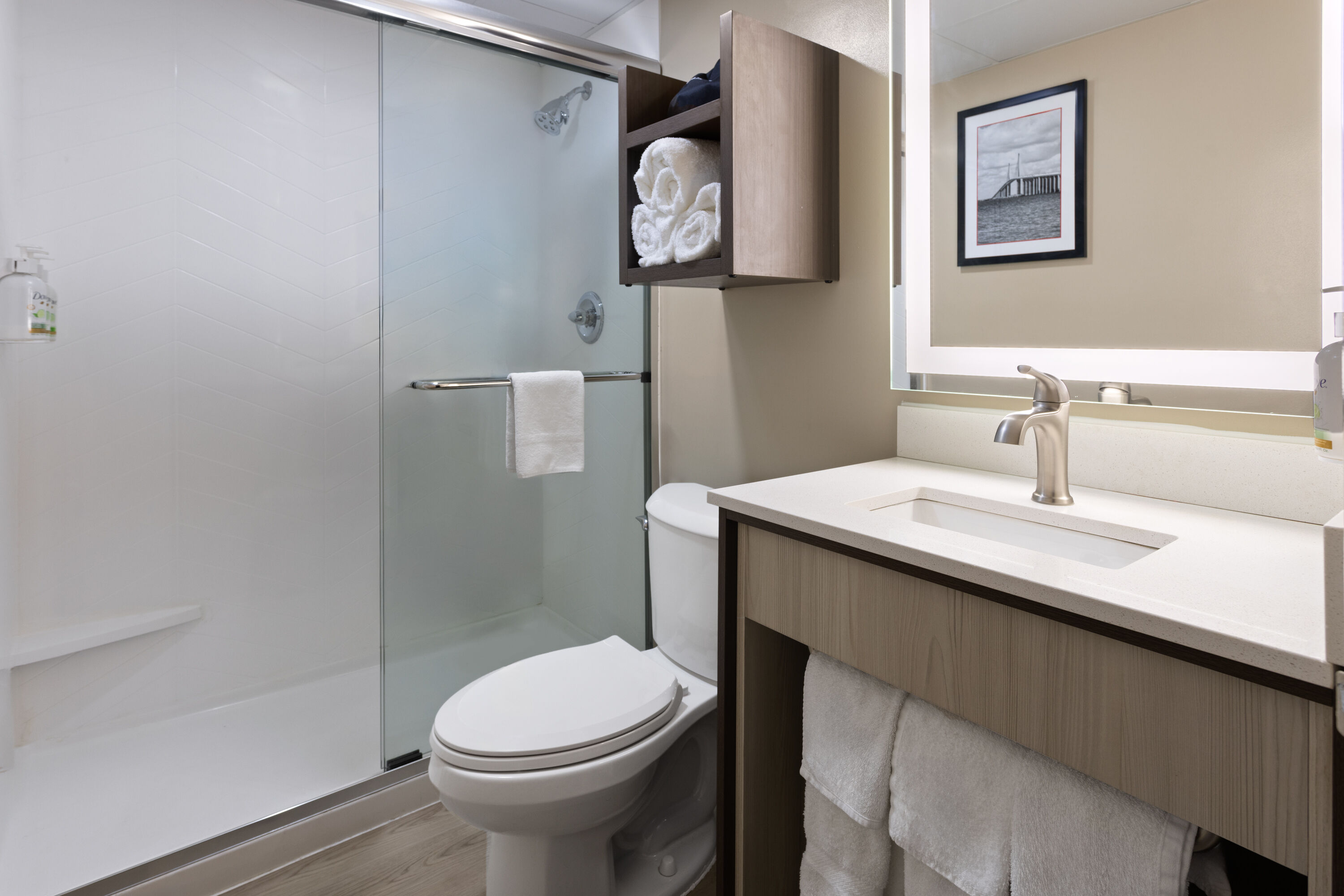 Guest room bath at the Ramada by Wyndham Parsippany in Parsippany, New Jersey