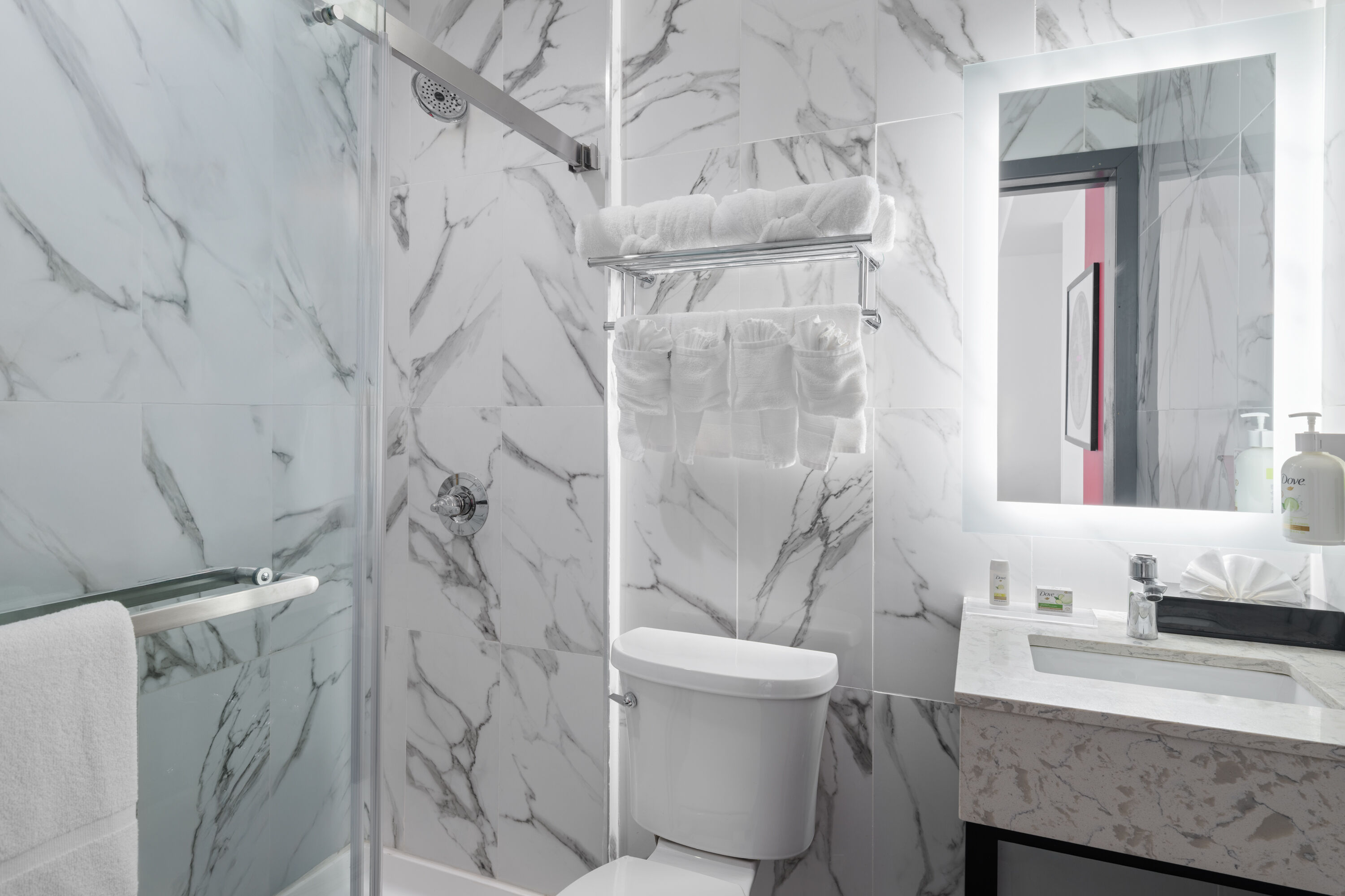 Guest room bath at the Ramada by Wyndham Brooklyn Near Flatbush in Brooklyn, New York