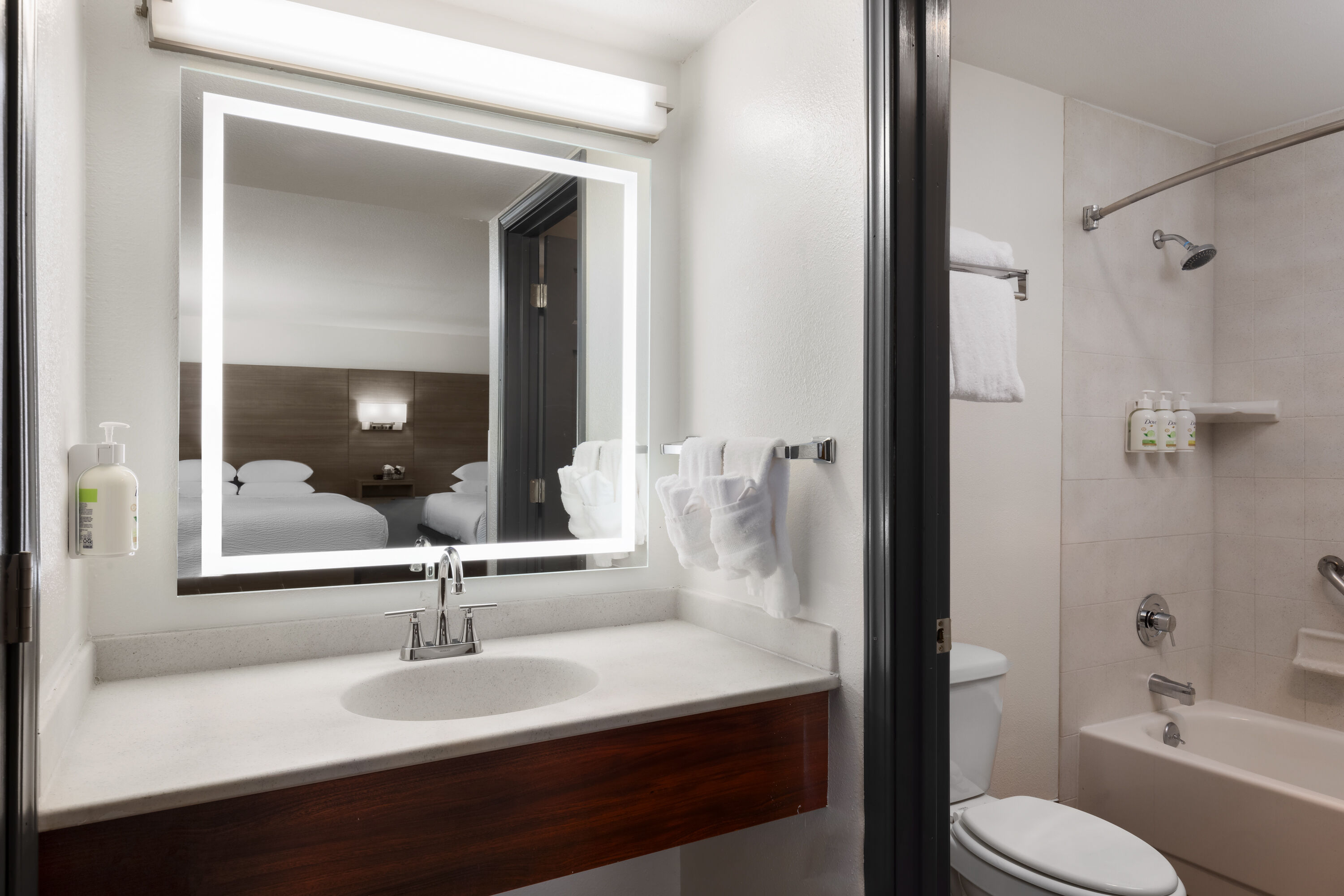 Guest room bath at the Ramada by Wyndham Medford Airport North in Medford, Oregon