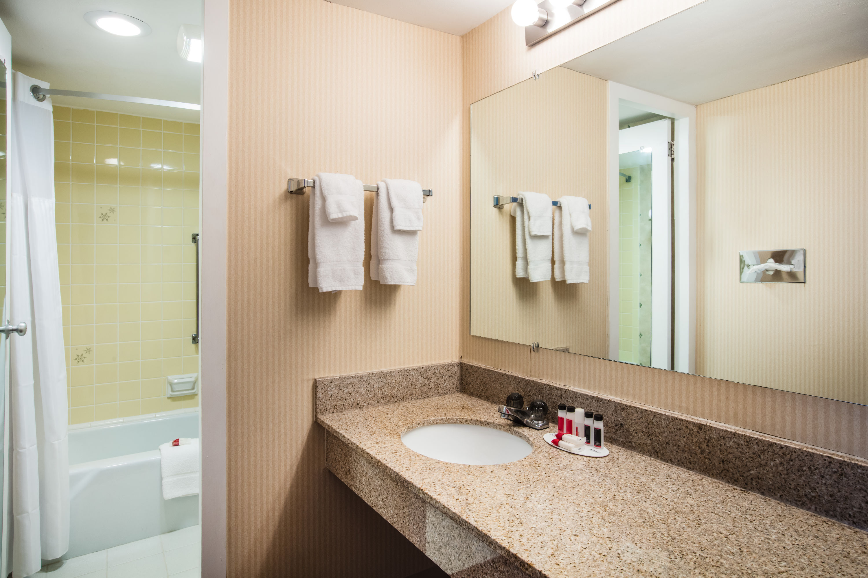 Guest room bath at the Ramada by Wyndham Ligonier in Ligonier, Pennsylvania