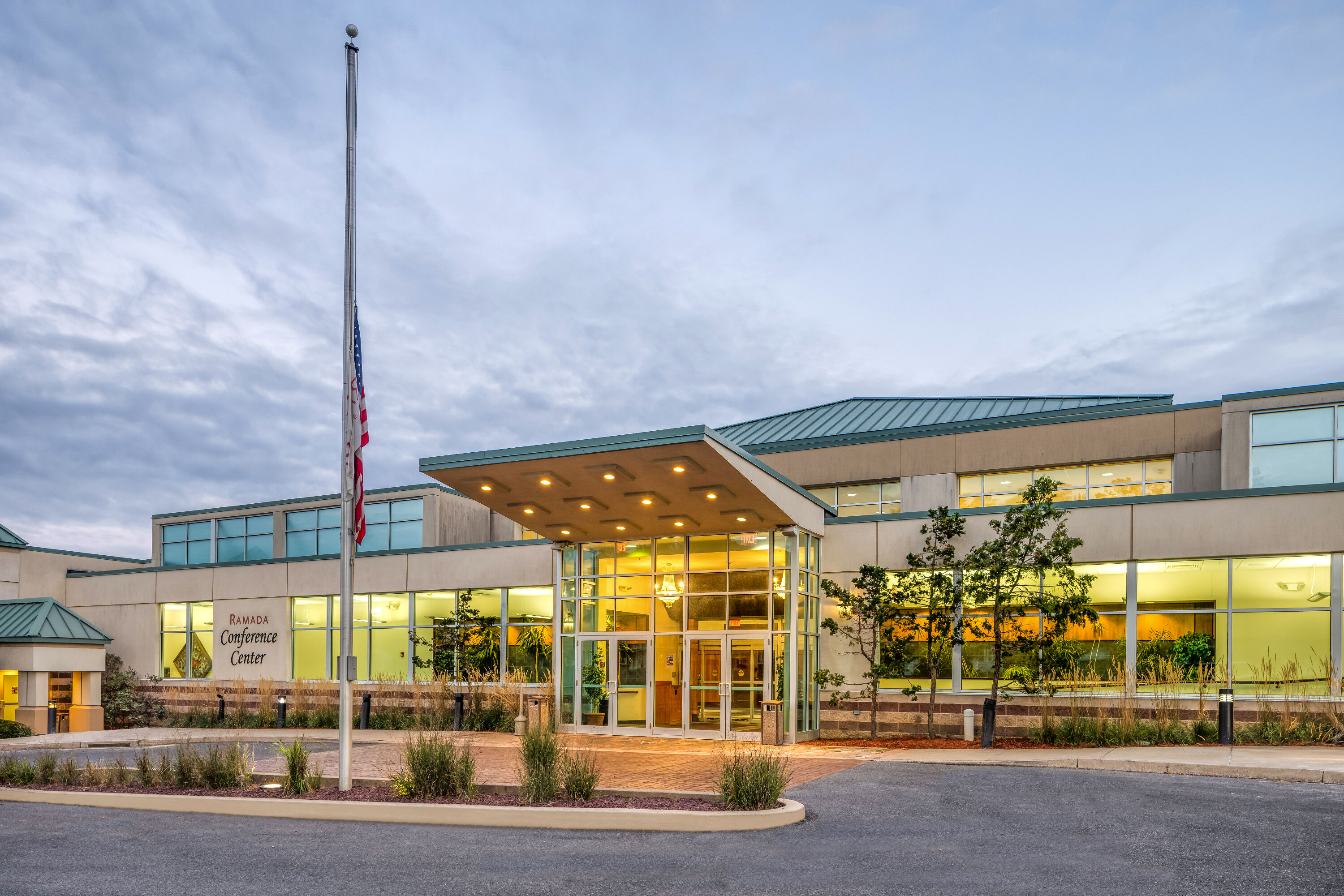 Exterior Dusk Image of Ramada by Wyndham State College Hotel & Conference Center hotel in State College, Pennsylvania