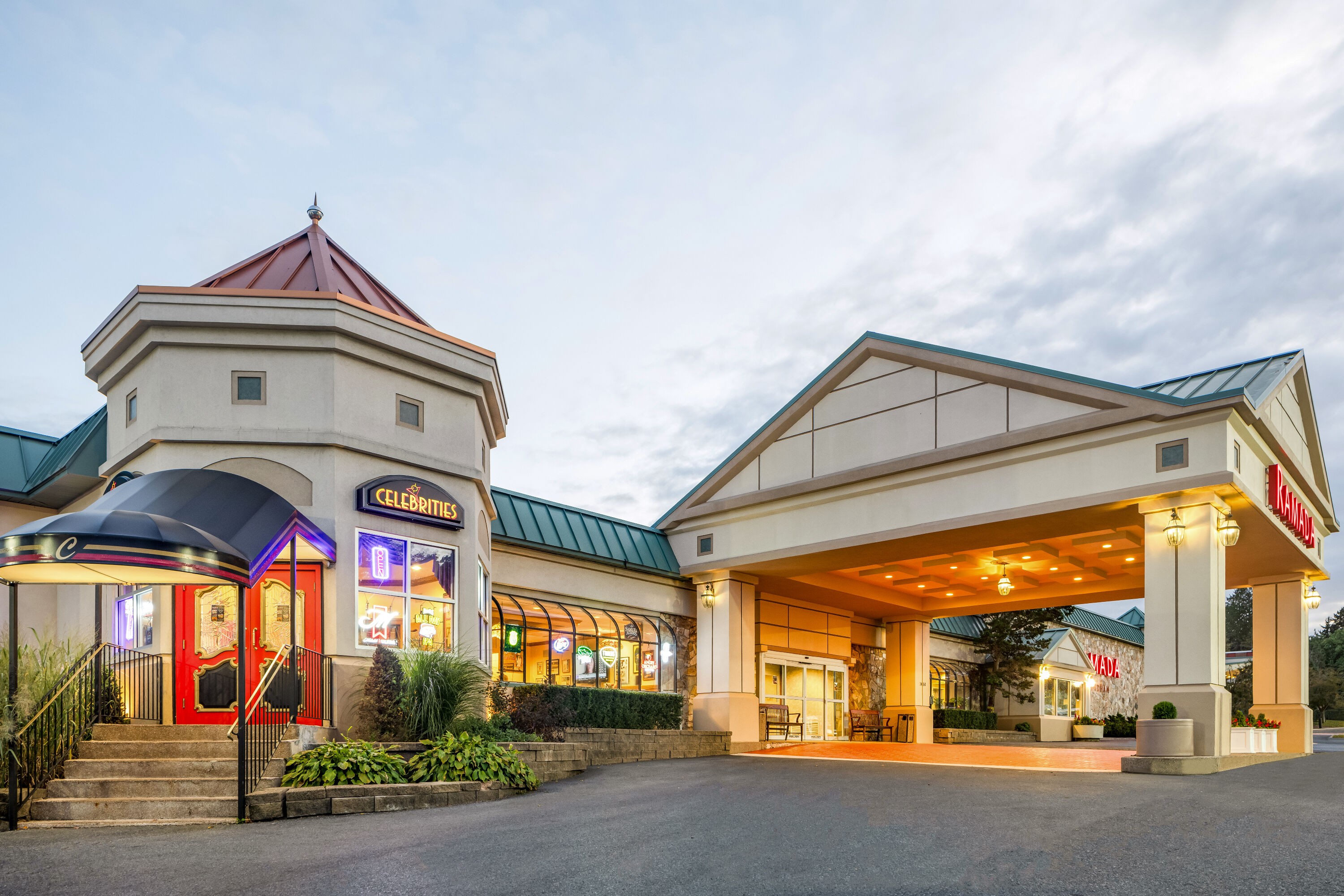 Exterior Dusk Image of Ramada by Wyndham State College Hotel & Conference Center hotel in State College, Pennsylvania
