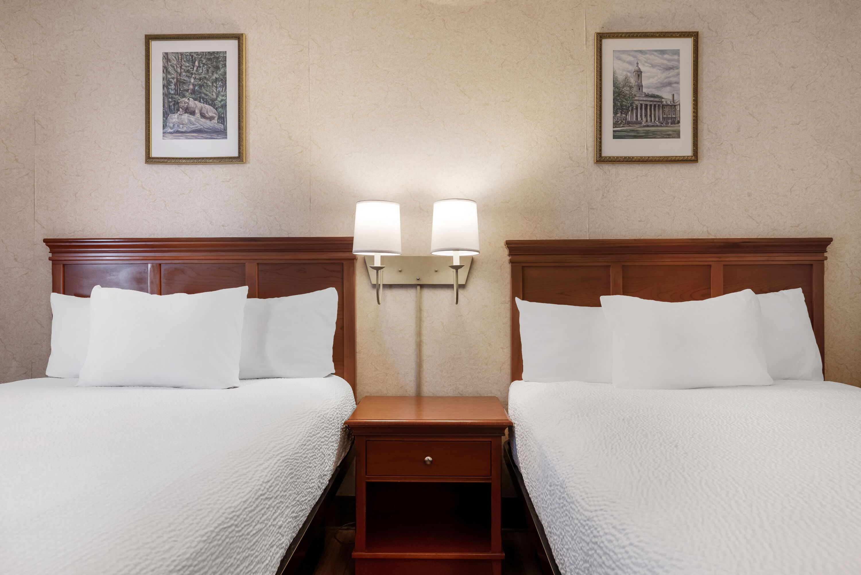 Double bed guest room at the Ramada by Wyndham State College Hotel & Conference Center in State College, Pennsylvania