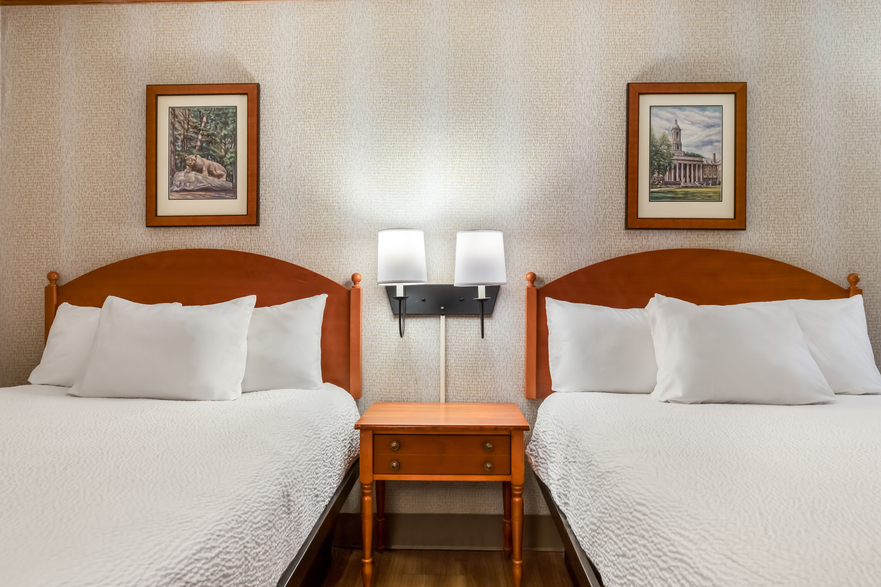 Double bed guest room at the Ramada by Wyndham State College Hotel & Conference Center in State College, Pennsylvania