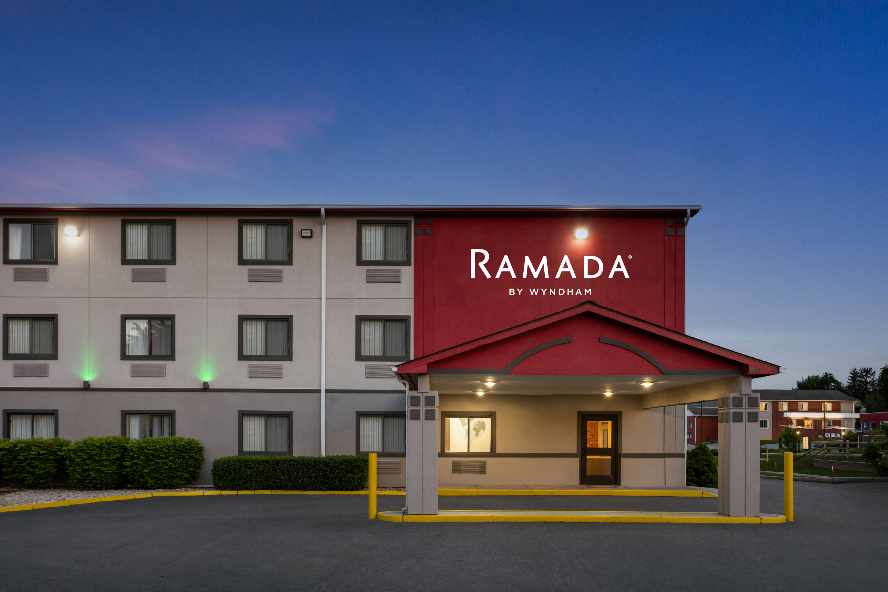 Exterior Dusk Image of Ramada by Wyndham York Harrisburg Hershey hotel in York, Pennsylvania