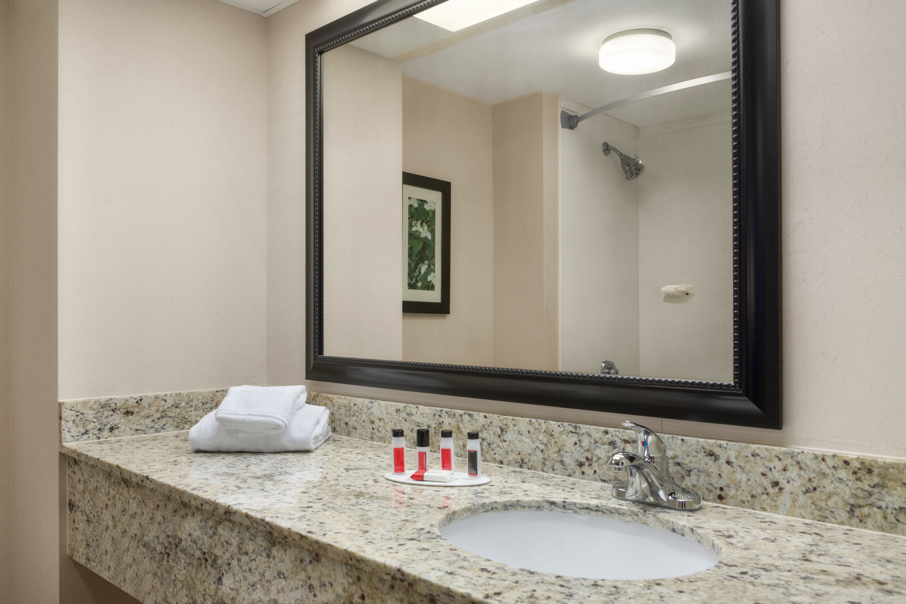 Guest room bath at the Ramada by Wyndham Pigeon Forge North in Pigeon Forge, Tennessee