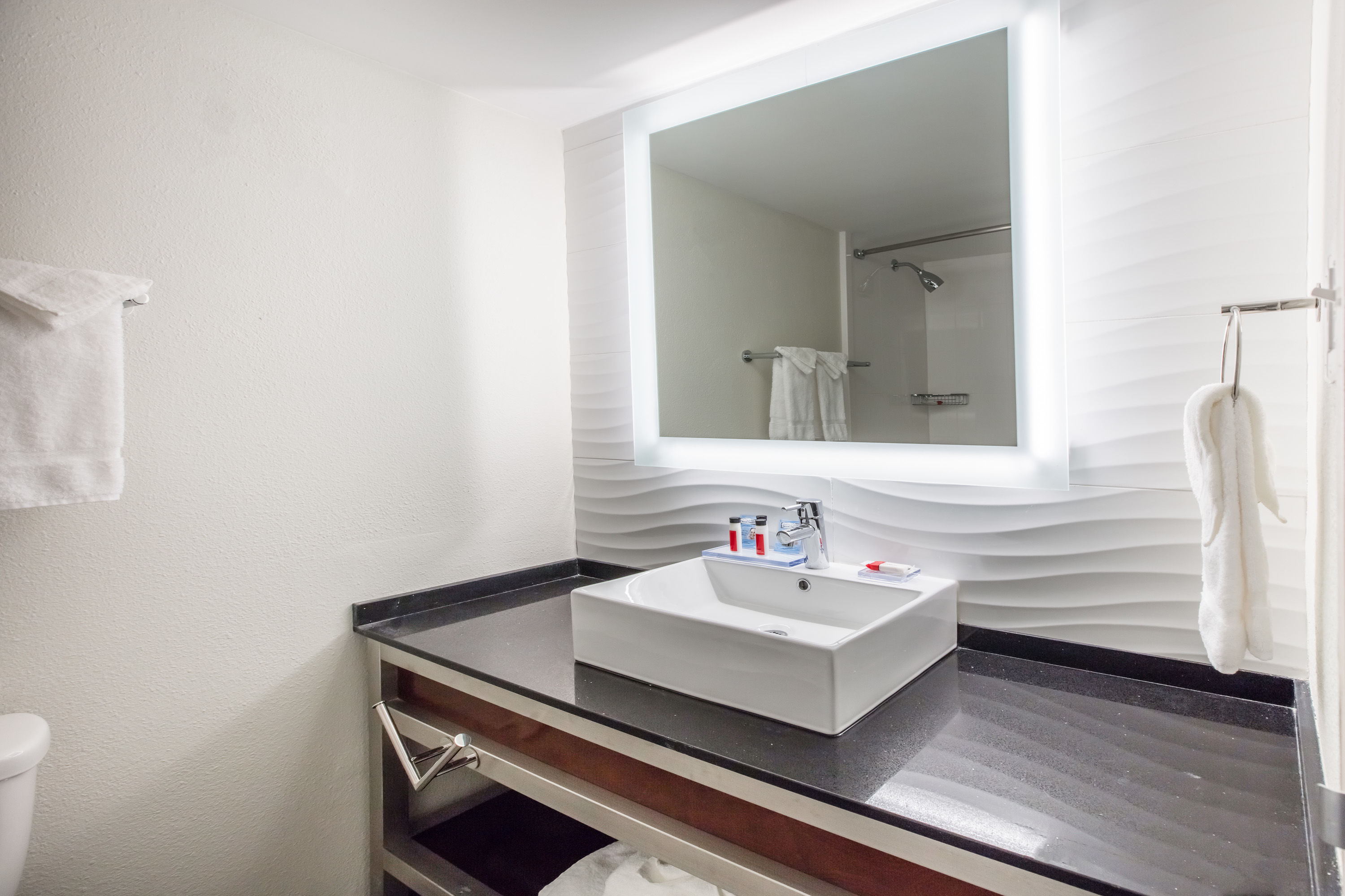 Guest room bath at the Ramada by Wyndham Austin South in Austin, Texas