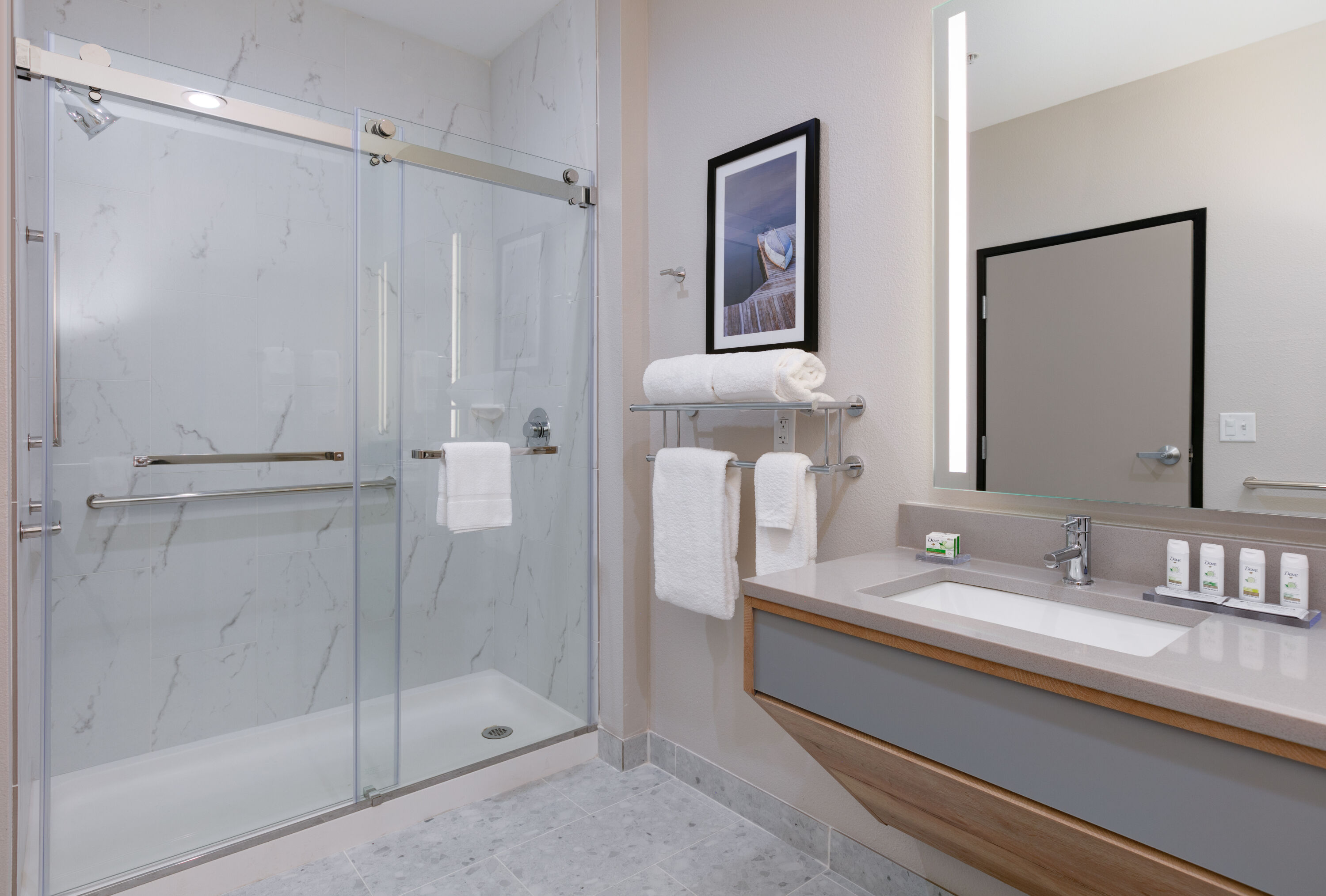 Guest room bath at the The Elm, a Ramada by Wyndham in Little Elm, Texas