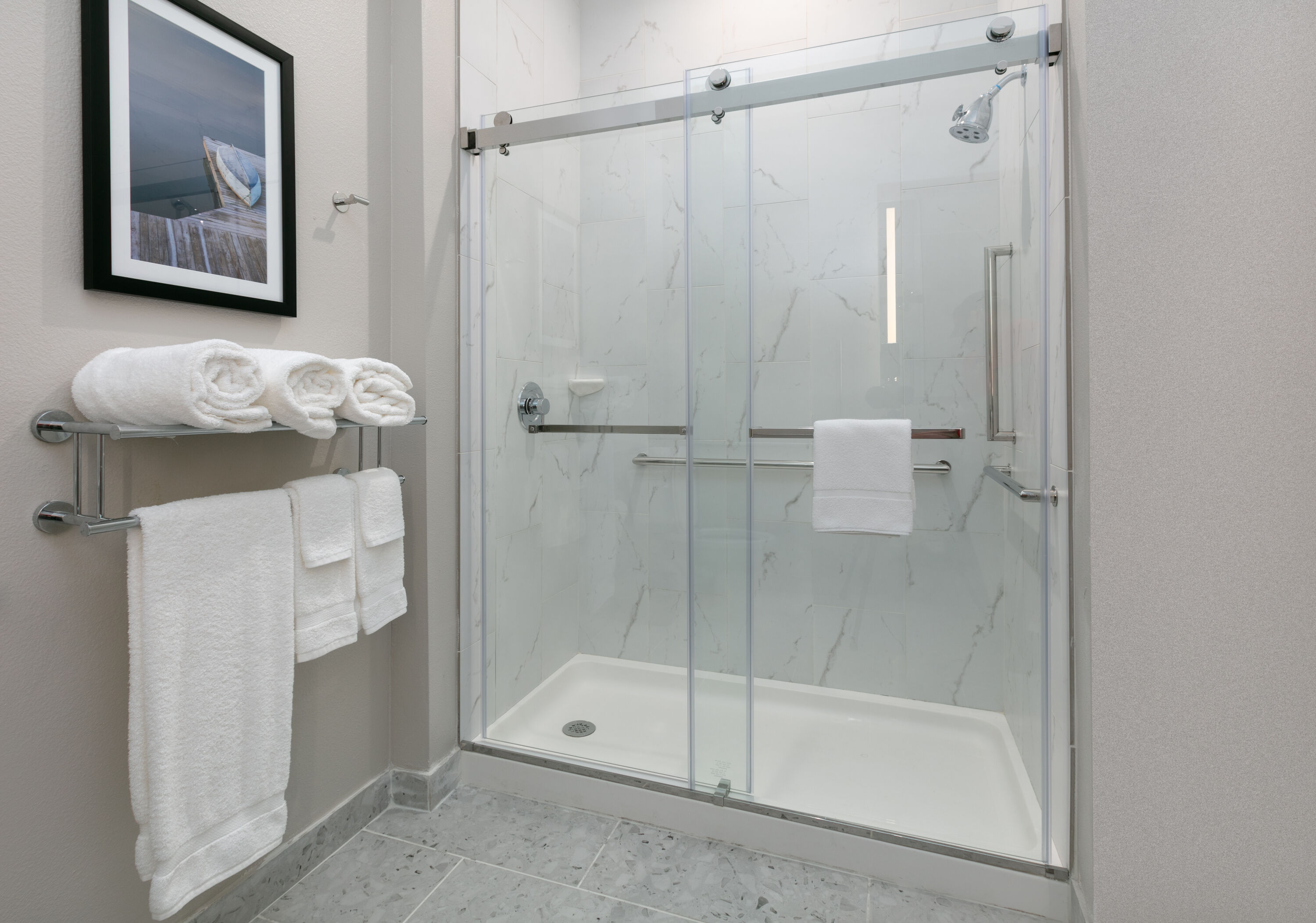Guest room bath at the The Elm, a Ramada by Wyndham in Little Elm, Texas