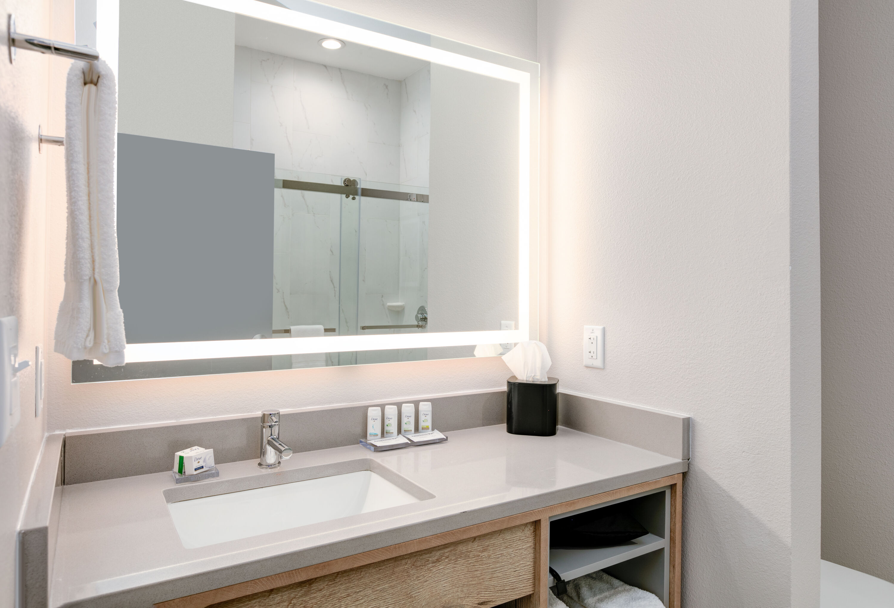 Guest room bath at the The Elm, a Ramada by Wyndham in Little Elm, Texas