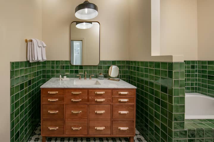 Guest room bath at the The Mining Exchange in Colorado Springs, Colorado