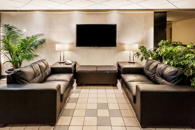 Super 8 Airdrie AB hotel lobby in Airdrie, Alberta