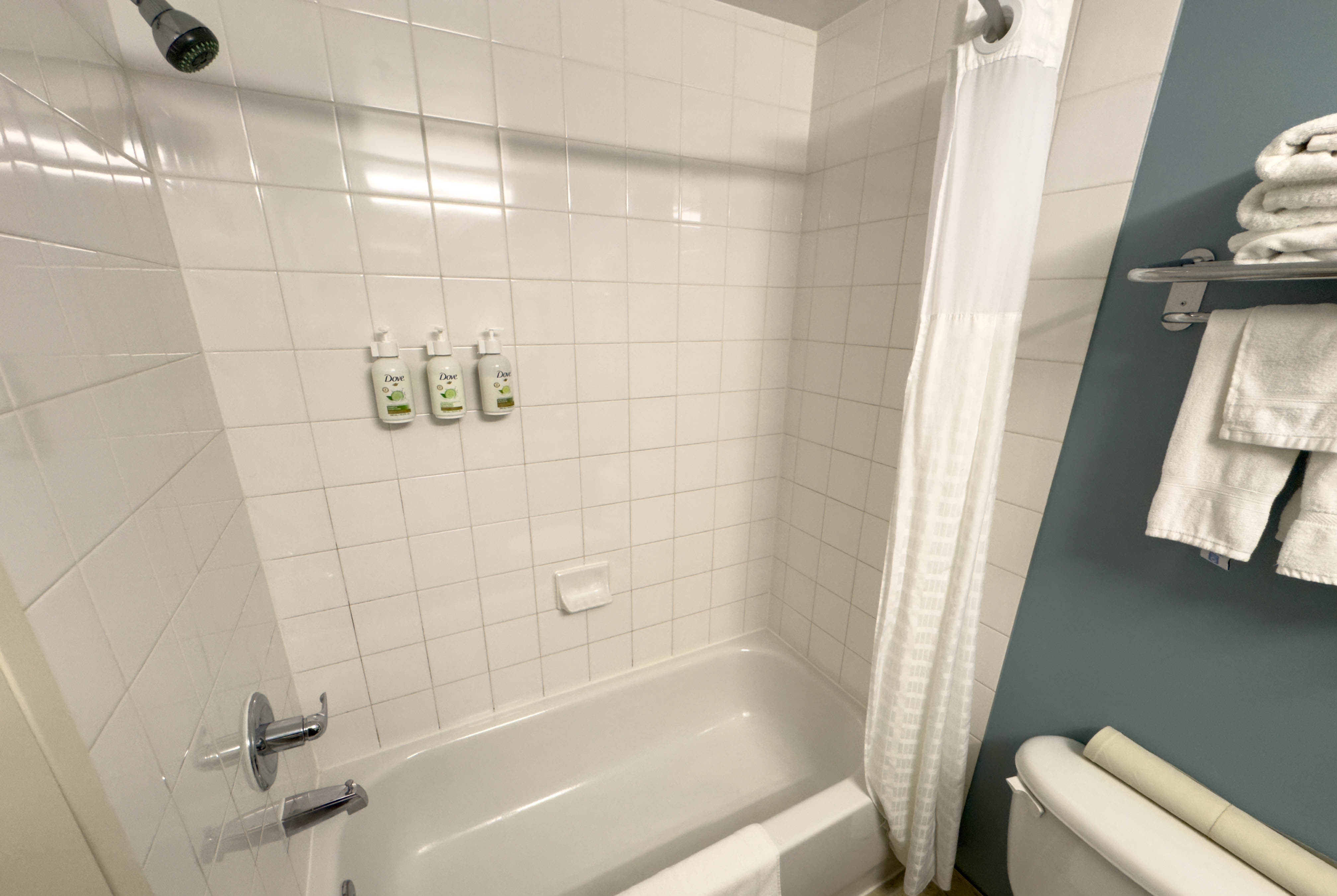 Guest room bath at the Super 8 by Wyndham Edmonton South in Edmonton, Alberta