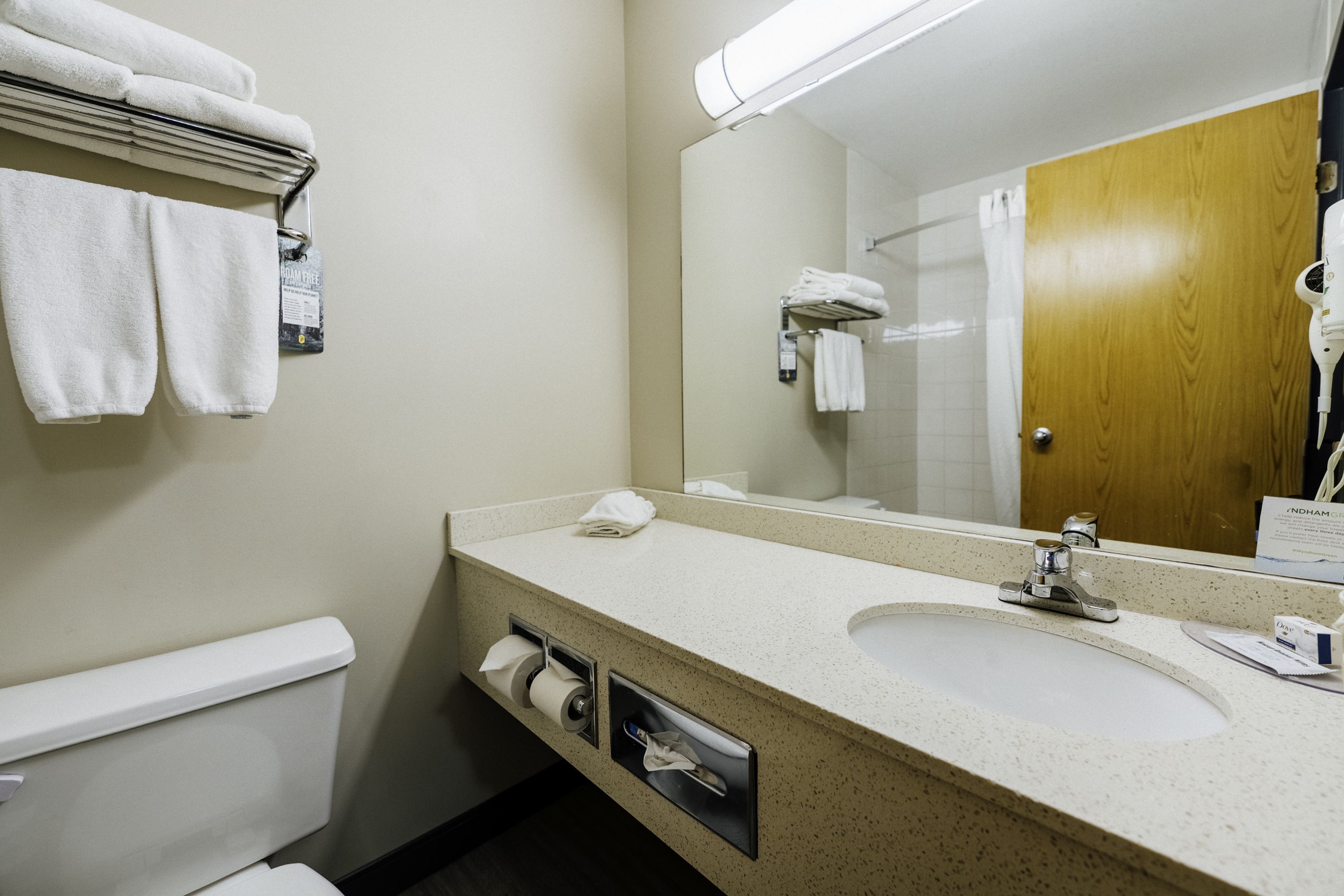 Guest room bath at the Super 8 by Wyndham Grande Prairie in Grande Prairie, Alberta