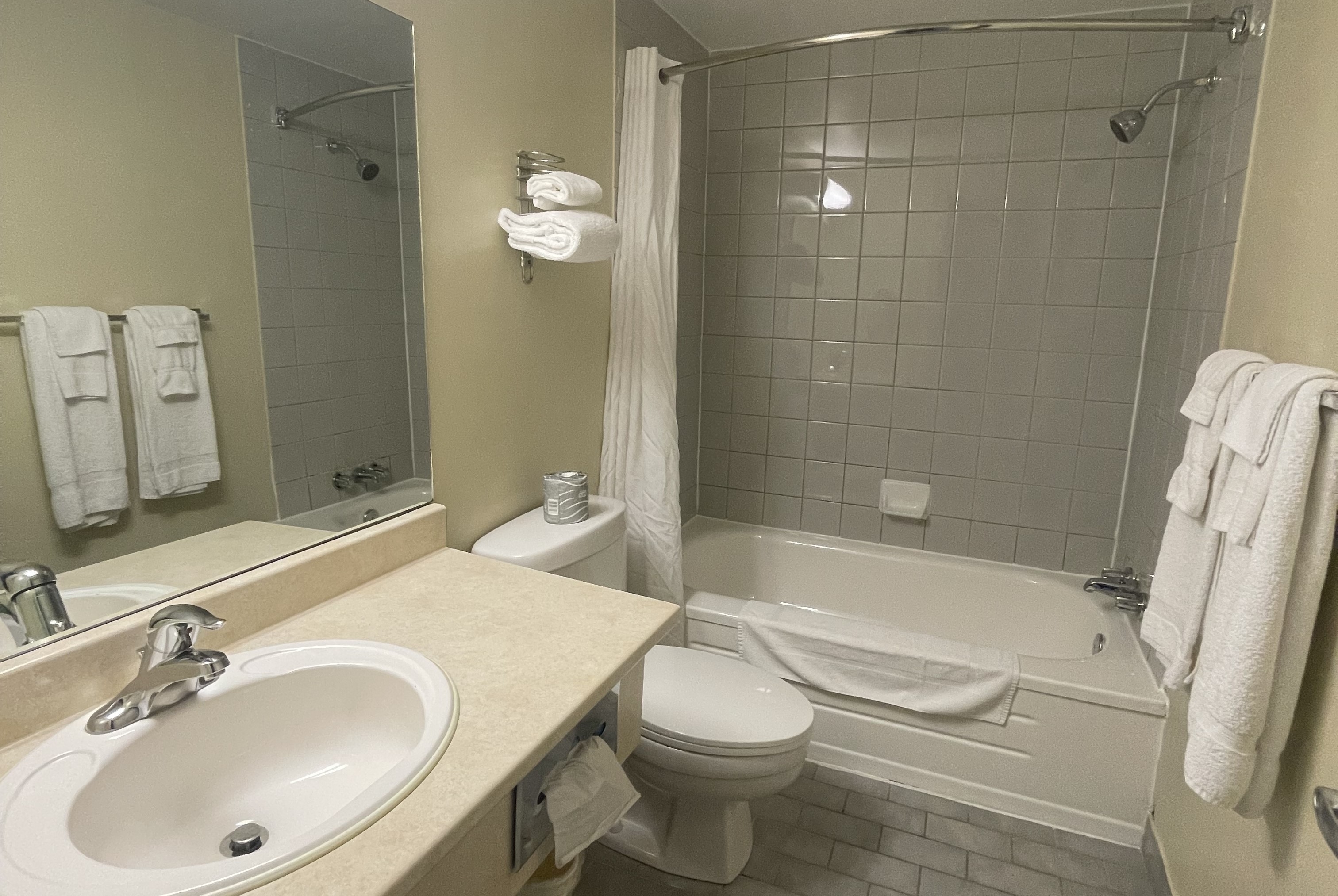 Guest room bath at the Super 8 by Wyndham Campbellton NB in Campbellton, New Brunswick