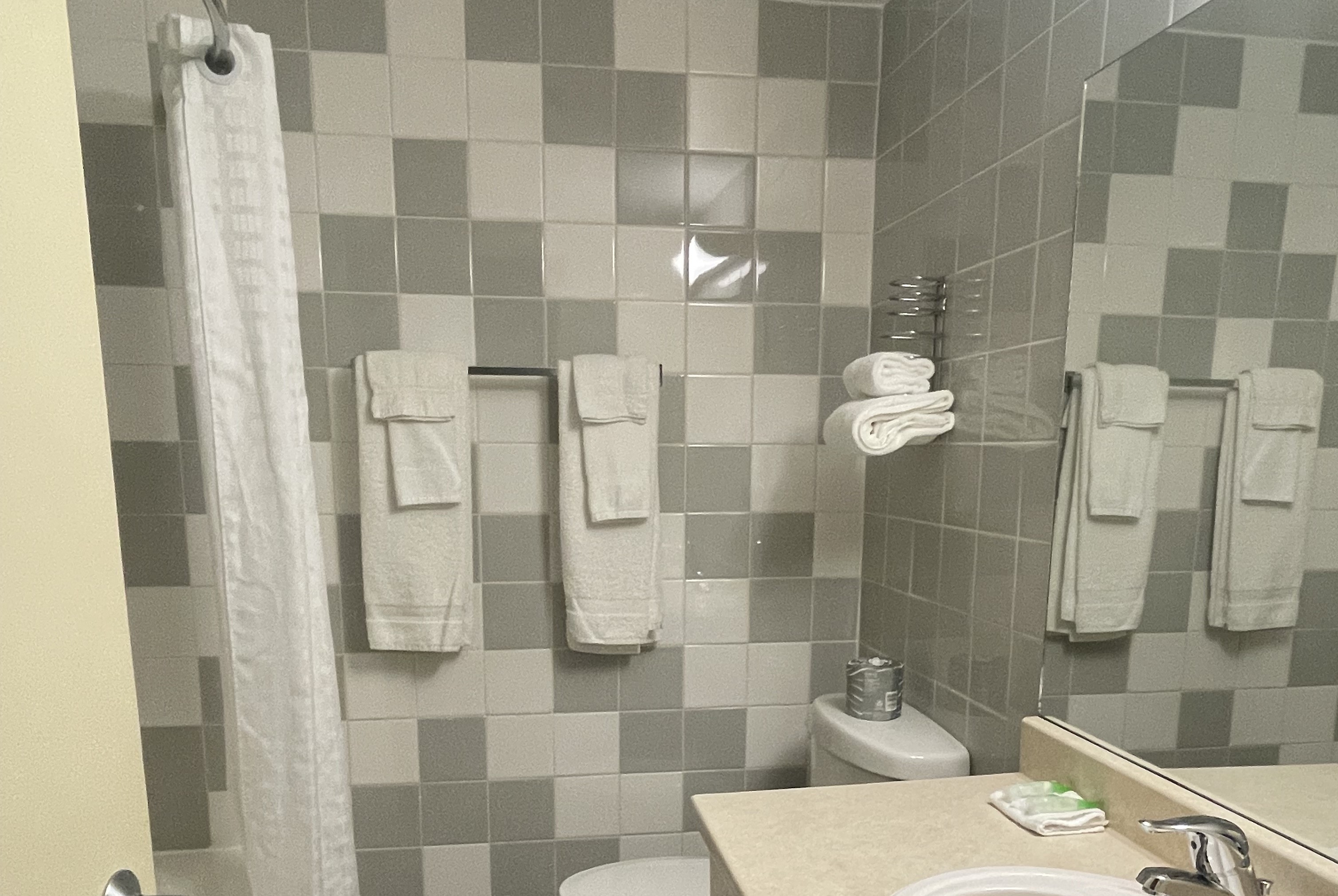 Guest room bath at the Super 8 by Wyndham Campbellton NB in Campbellton, New Brunswick