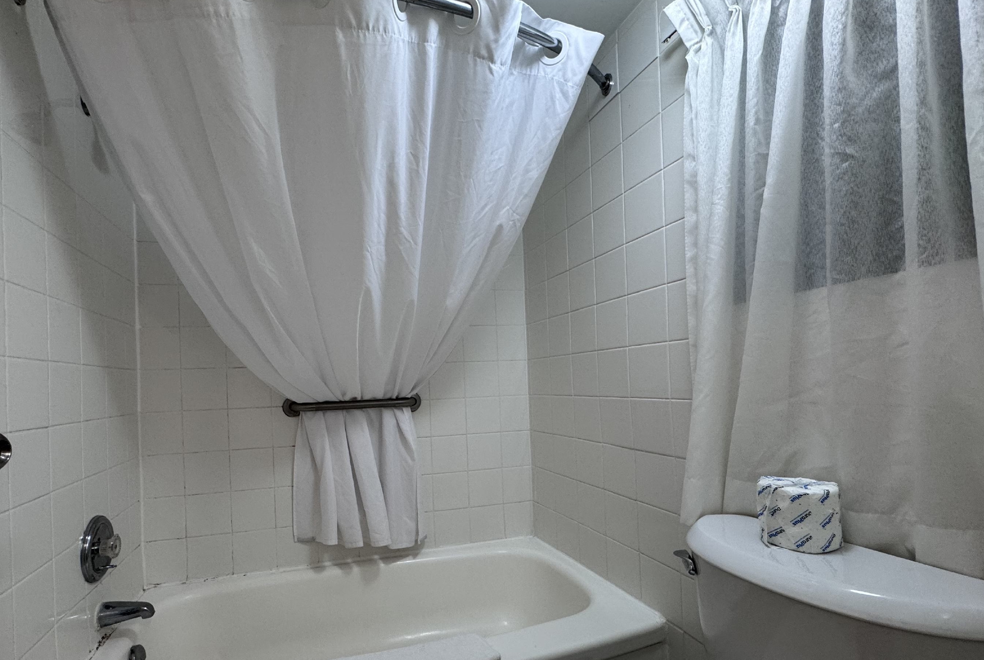 Guest room bath at the Super 8 by Wyndham Guelph in Guelph, Ontario, Ontario