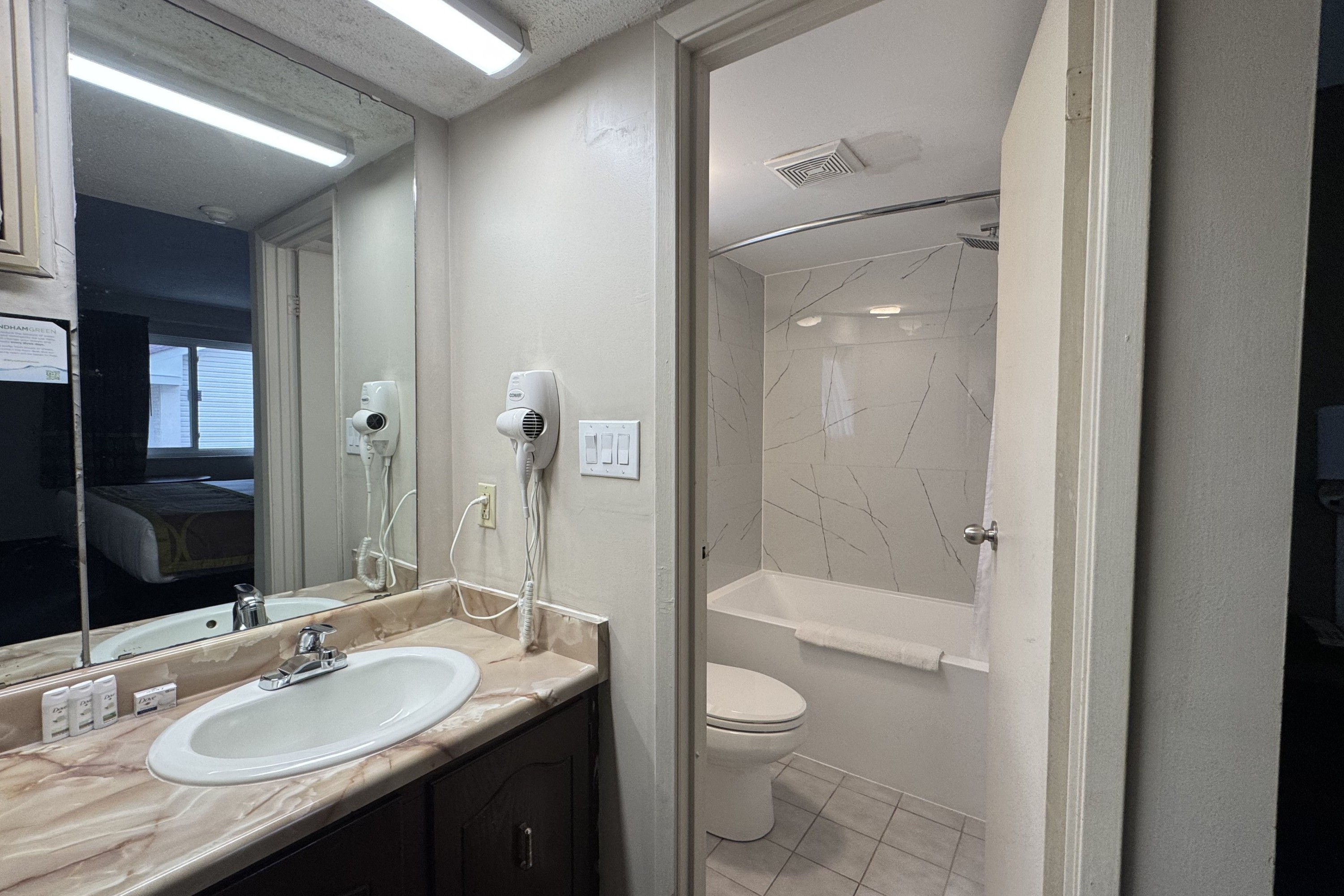 Guest room bath at the Super 8 by Wyndham Guelph in Guelph, Ontario, Ontario