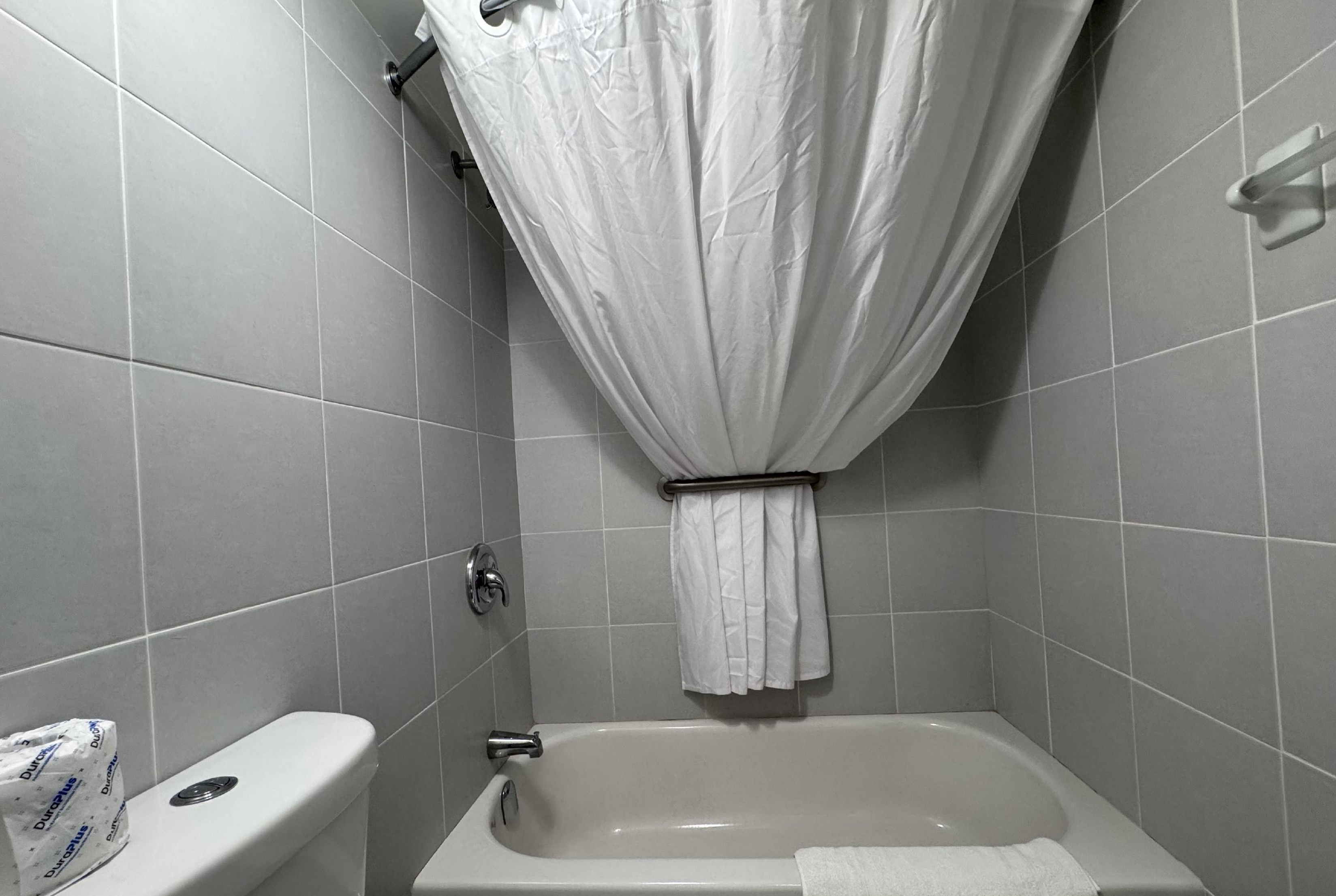 Guest room bath at the Super 8 by Wyndham Guelph in Guelph, Ontario, Ontario