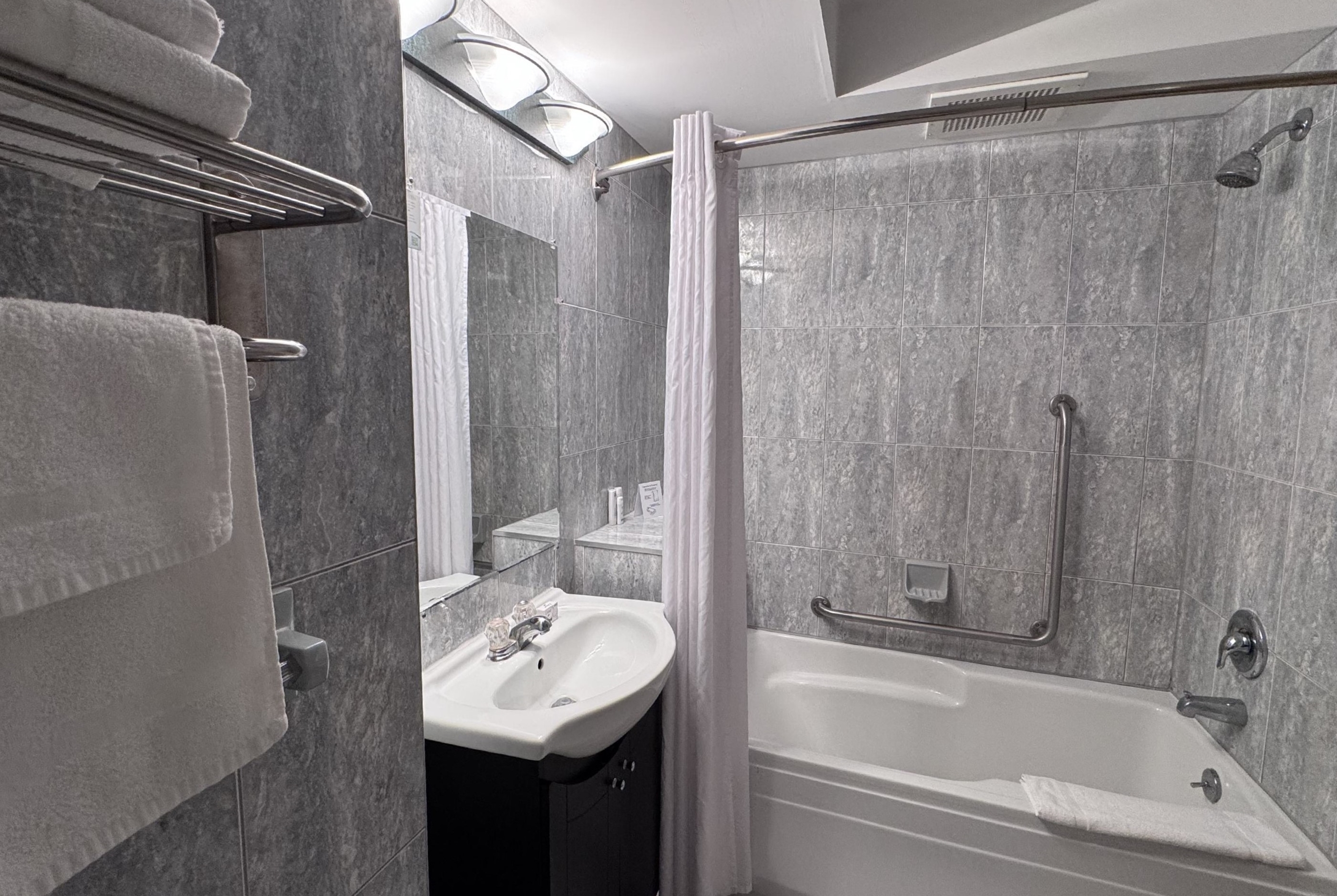 Guest room bath at the Super 8 by Wyndham Guelph in Guelph, Ontario, Ontario
