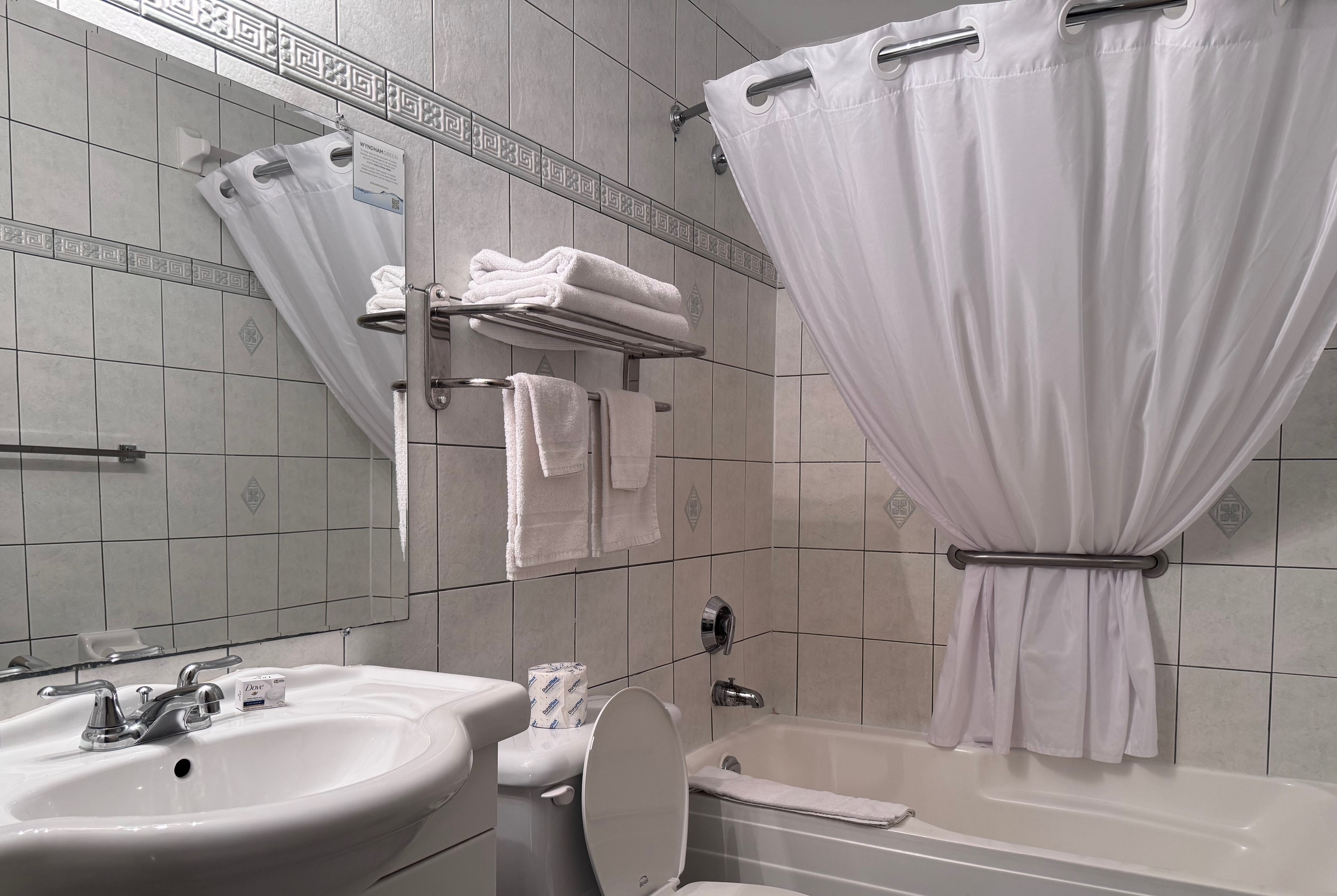 Guest room bath at the Super 8 by Wyndham Guelph in Guelph, Ontario, Ontario