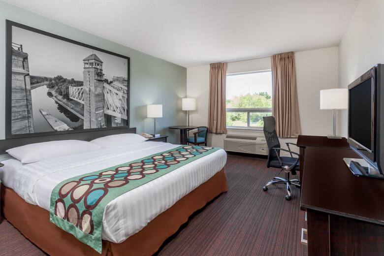 Guest room at the Super 8 Peterborough in Peterborough, Ontario