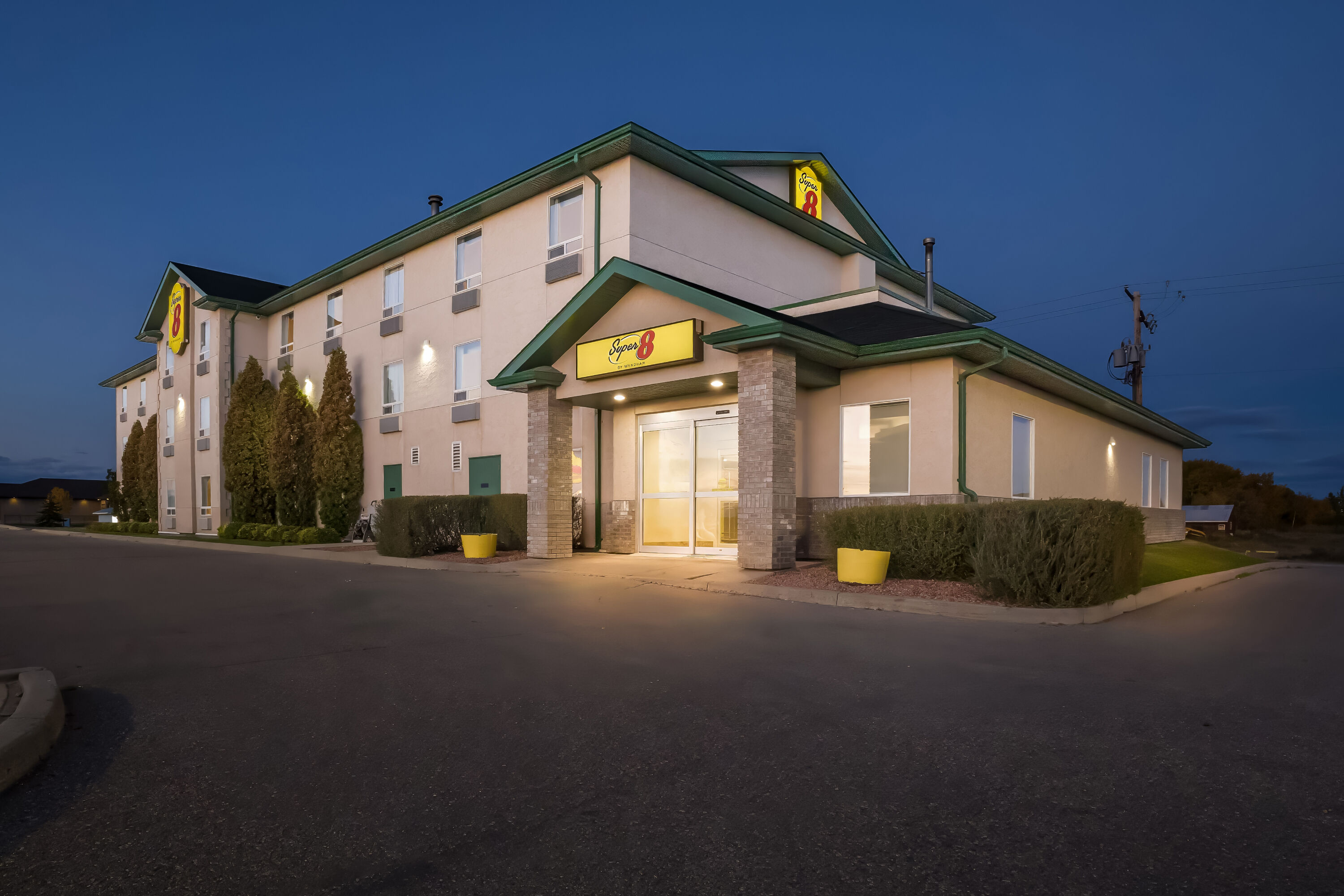 Exterior Night Image of Super 8 by Wyndham Prince Albert hotel in Prince Albert, Saskatchewan
